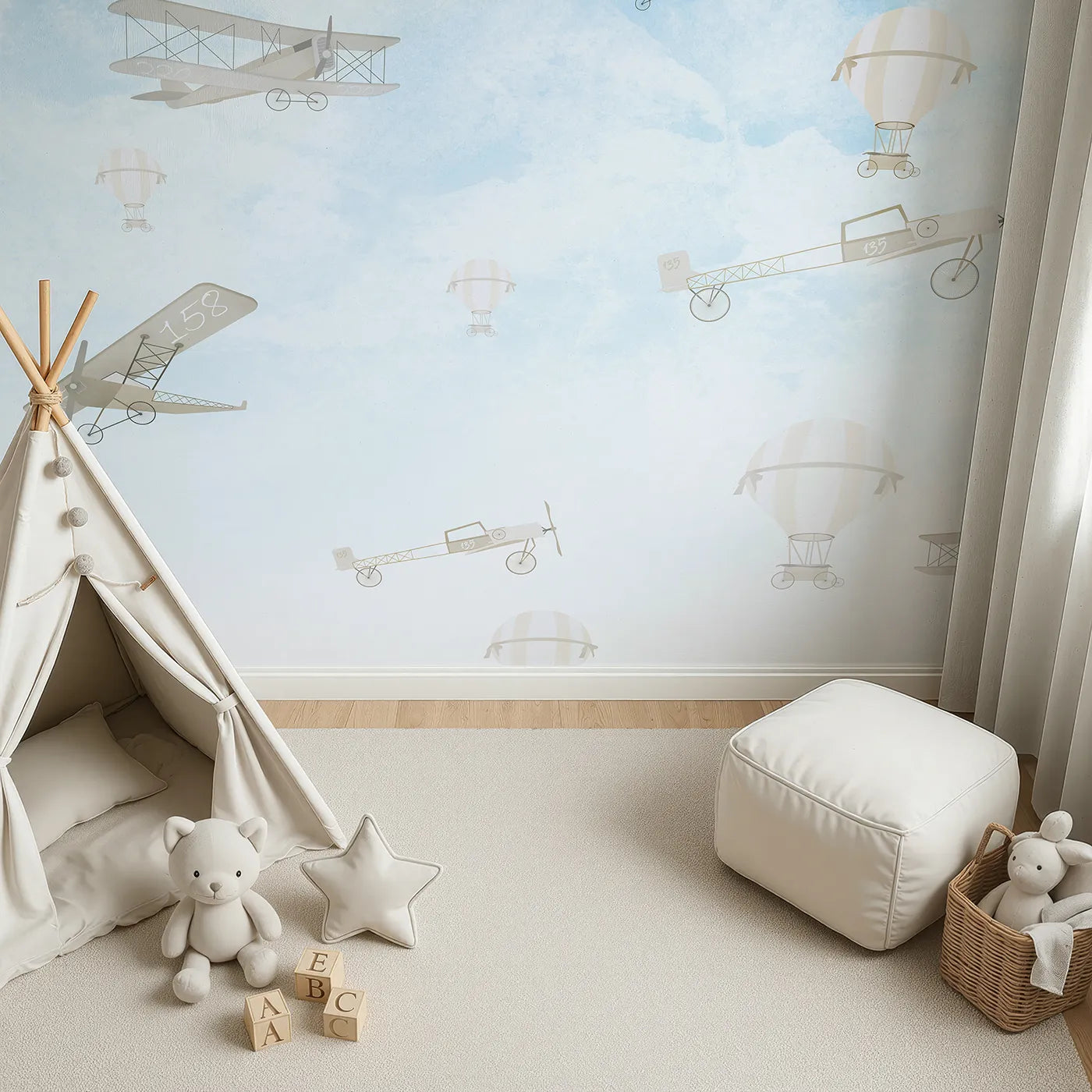 Top-down view of Whimsy Tots' Vintage Sky Rally Wall Mural (Turn Their Room into a Grand, Old-Fashioned Air Show).Gender-Neutral