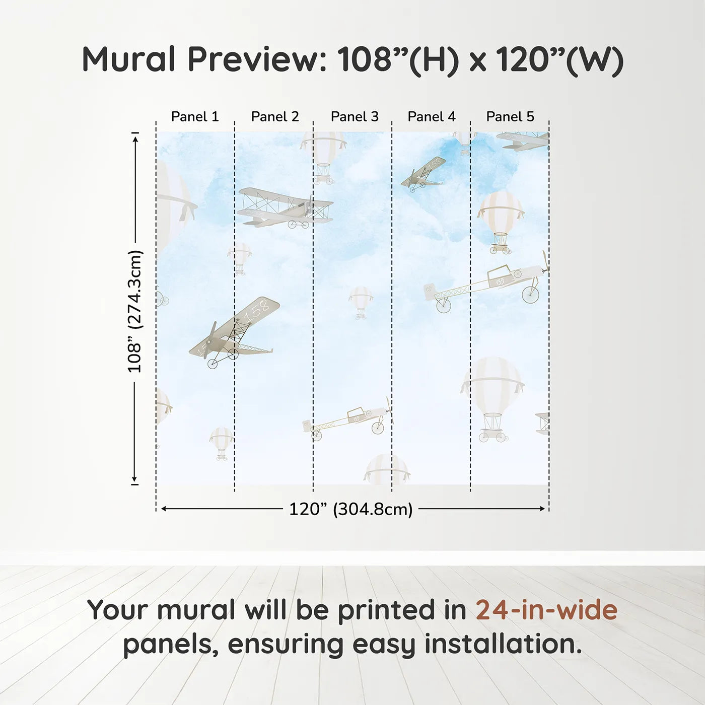 Whimsy Tots Vintage Sky Rally Wall Muraldimension view (108" H x 120" W). Printed in five 24-inch-wide panels. Gender-Neutral