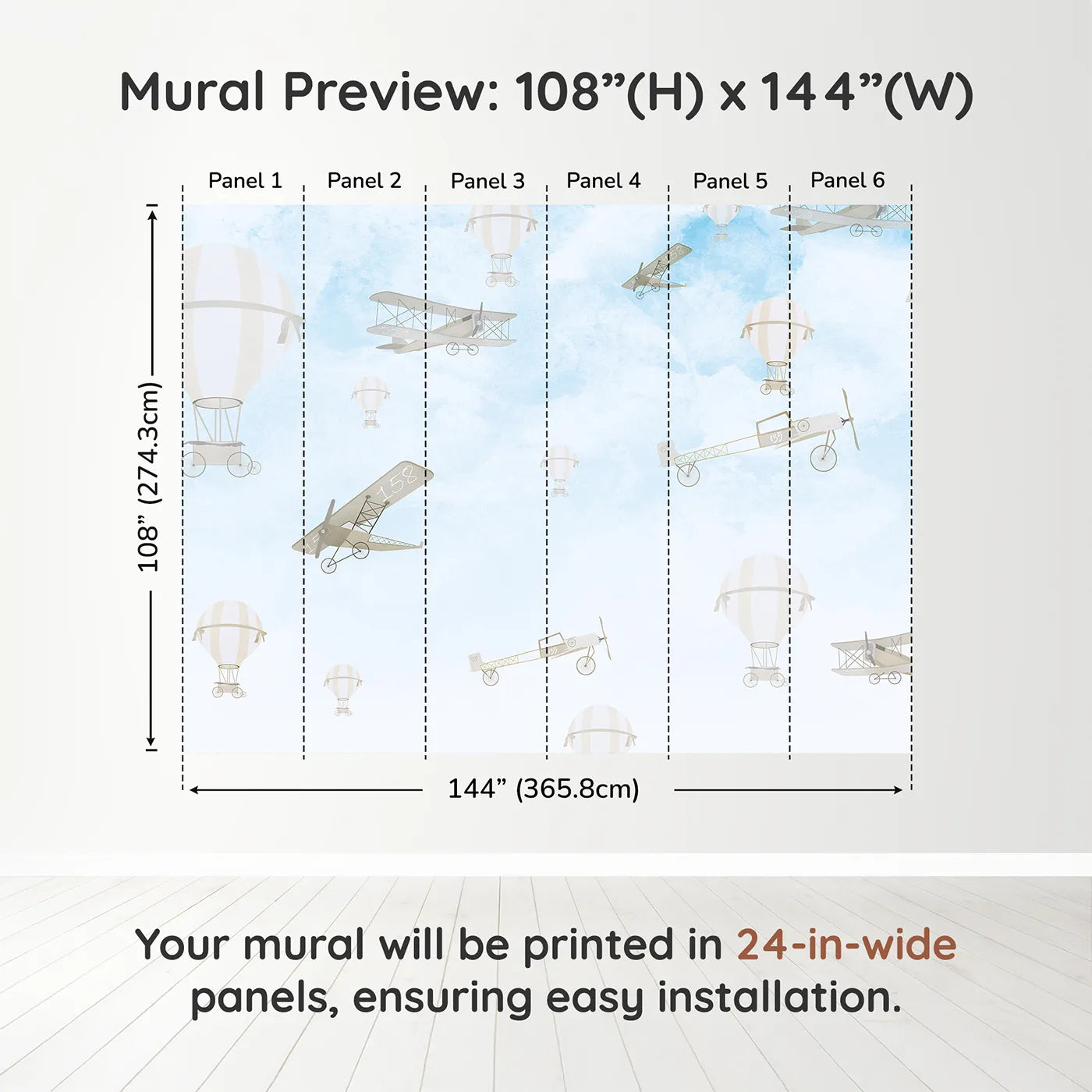 Whimsy Tots Vintage Sky Rally Wall Muraldimension view (108" H x 144" W). Printed in six 24-inch-wide panels. Gender-Neutral