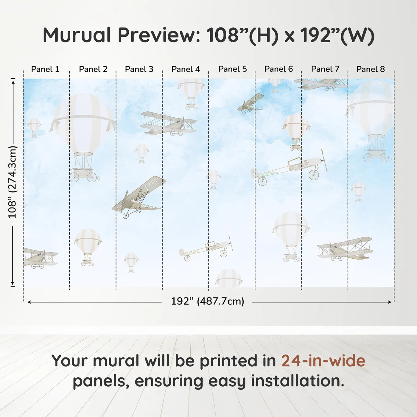 Whimsy Tots Vintage Sky Rally Wall Muraldimension view (108" H x 192" W). Printed in eight 24-inch-wide panels. Gender-Neutral