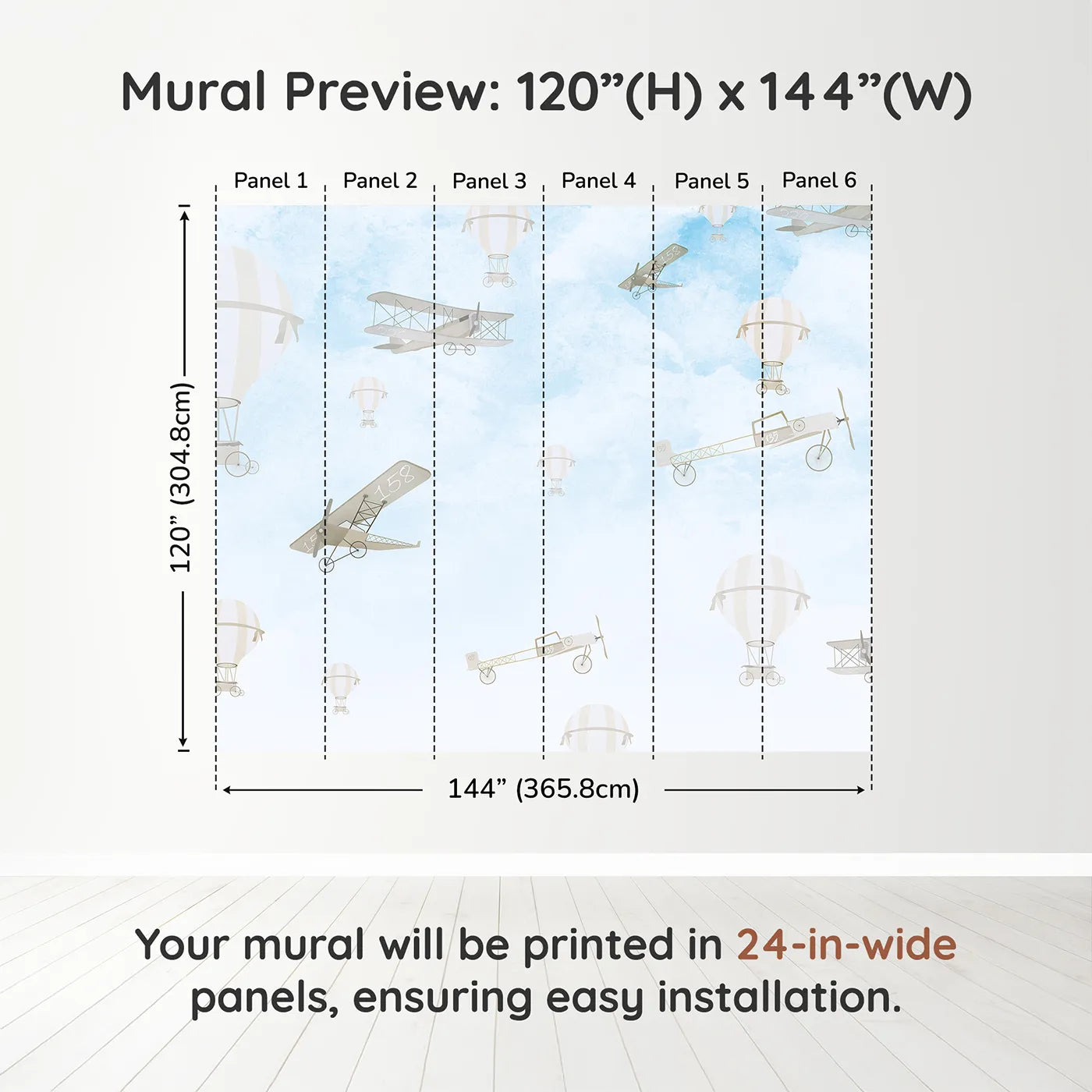 Whimsy Tots Vintage Sky Rally Wall Muraldimension view (120" H x 144" W). Printed in six 24-inch-wide panels. Gender-Neutral