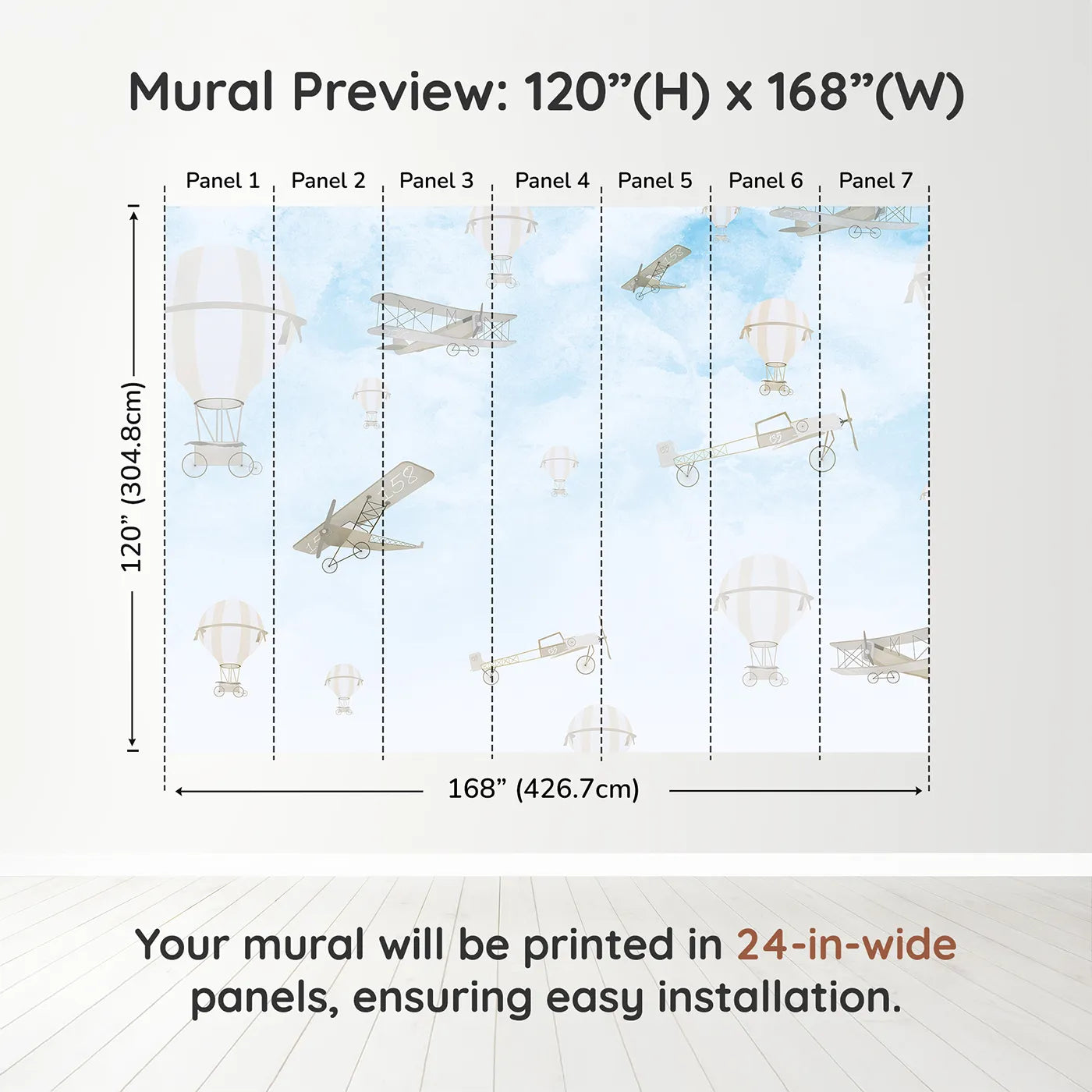 Whimsy Tots Vintage Sky Rally Wall Muraldimension view (120" H x 168" W). Printed in seven 24-inch-wide panels. Gender-Neutral