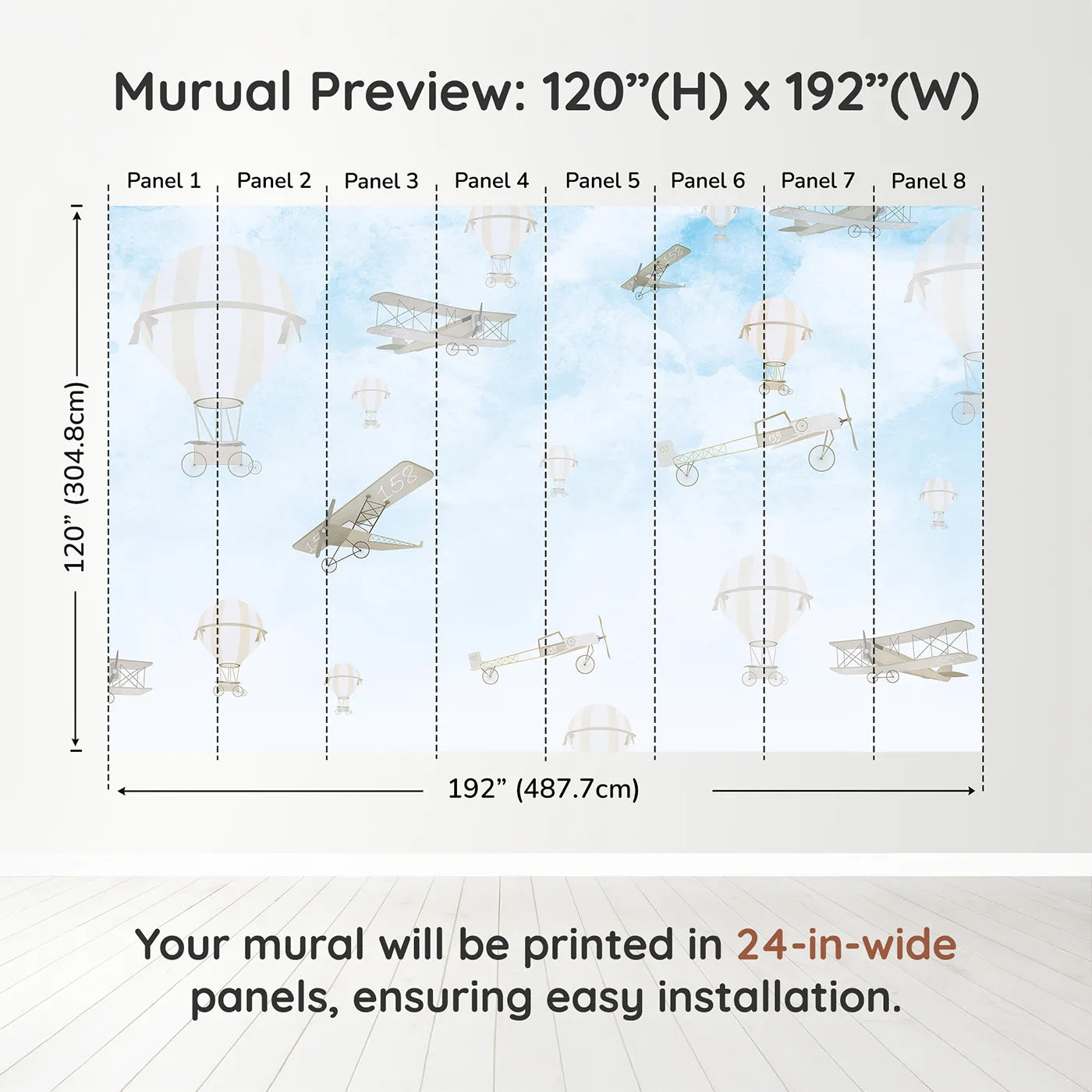 Whimsy Tots Vintage Sky Rally Wall Muraldimension view (120" H x 192" W). Printed in eight 24-inch-wide panels. Gender-Neutral