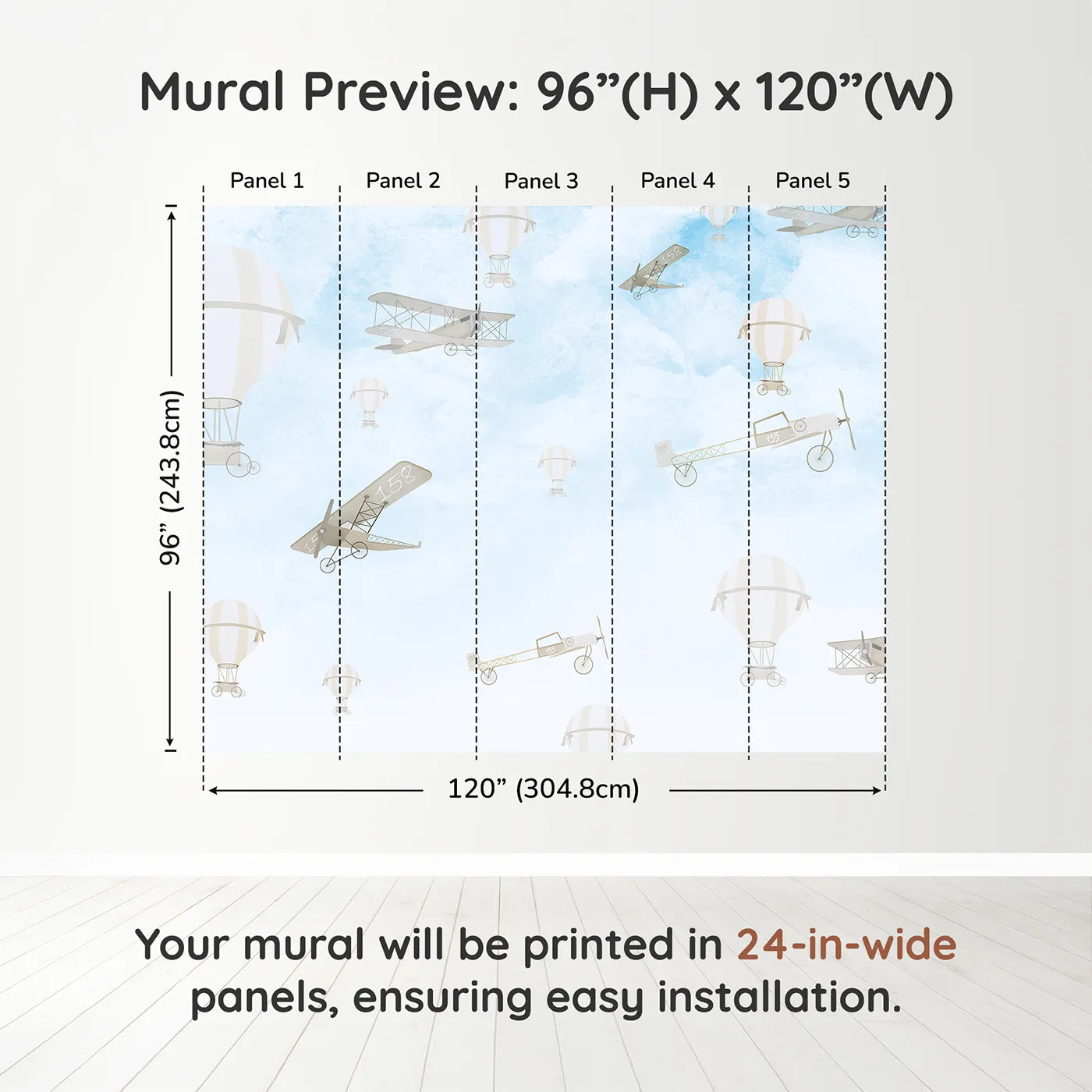 Whimsy Tots Vintage Sky Rally Wall Muraldimension view (96" H x 120" W). Printed in five 24-inch-wide panels. Gender-Neutral