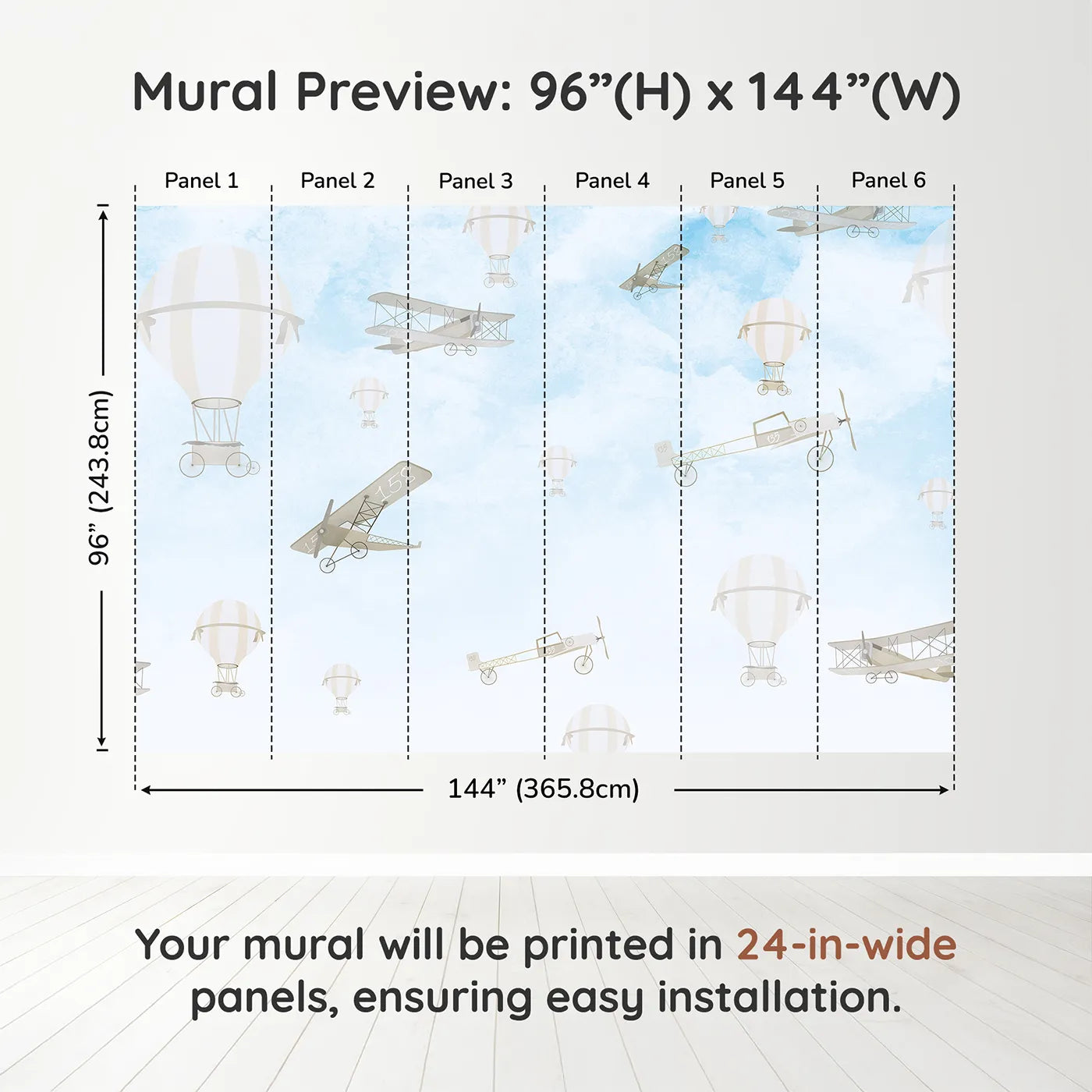 Whimsy Tots Vintage Sky Rally Wall Muraldimension view (96" H x 144" W). Printed in six 24-inch-wide panels. Gender-Neutral