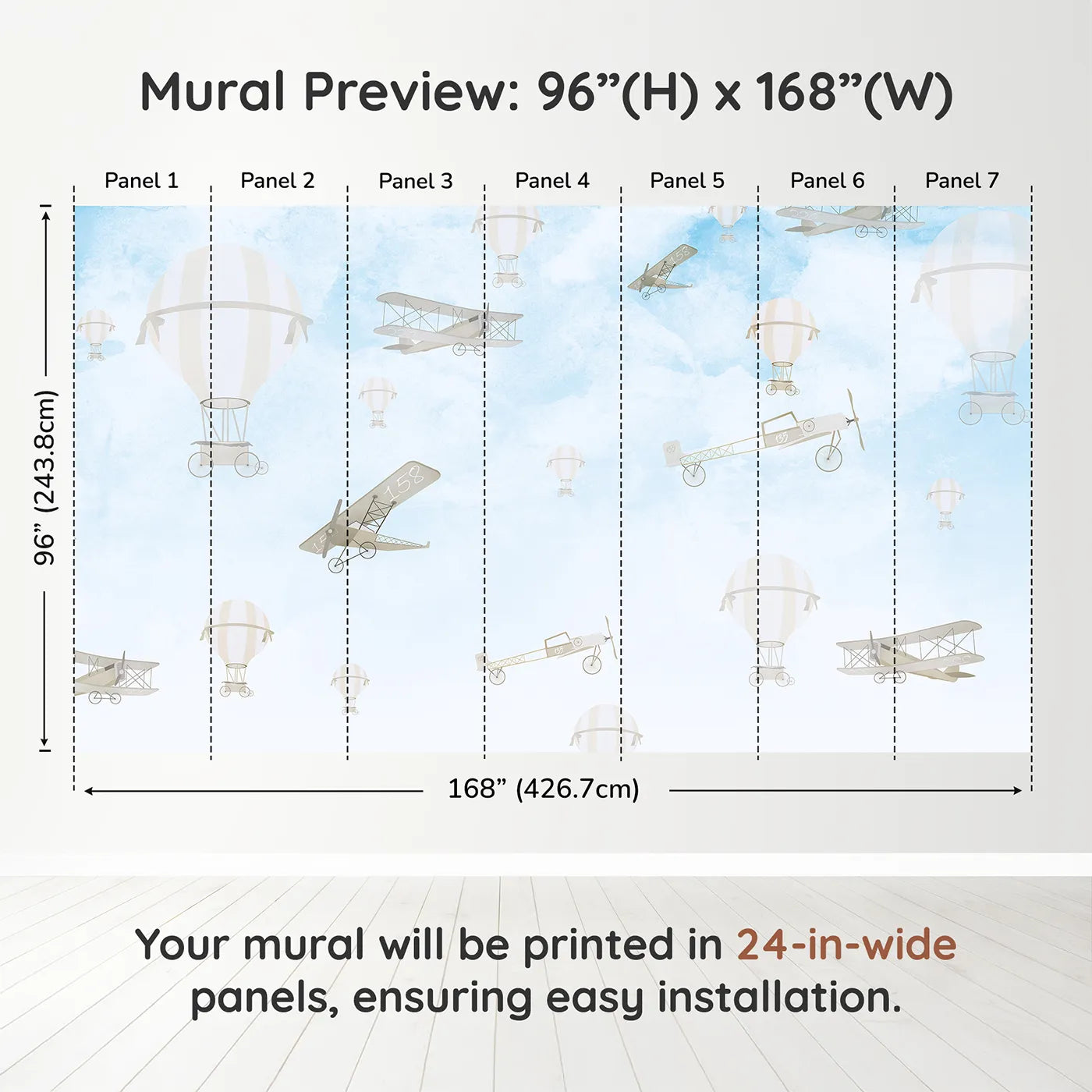 Whimsy Tots Vintage Sky Rally Wall Muraldimension view (96" H x 168" W). Printed in seven 24-inch-wide panels. Gender-Neutral