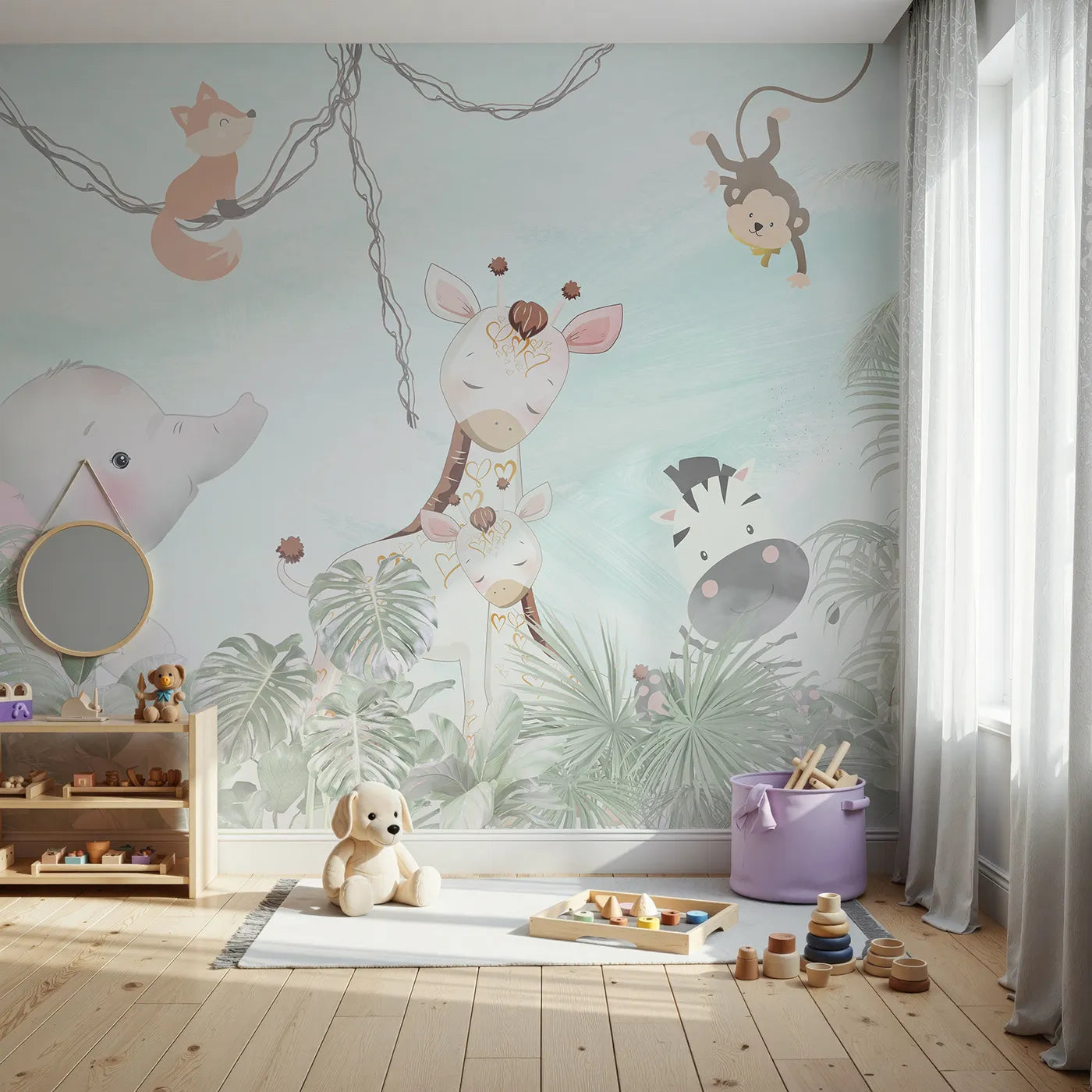 Front view of Whimsy Tots' Jungle Friends Gathering Wall Mural