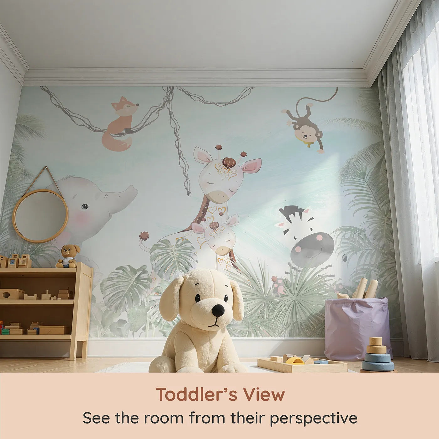 Whimsy Tots Jungle Friends Gathering Wall Mural (Turn Their Room into a Sweet and Gentle Safari Scene) from your child's view.Gender-Neutral