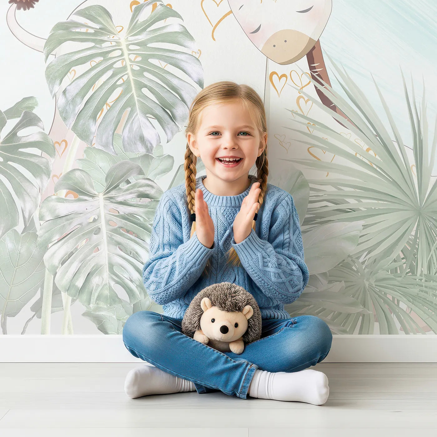 Child in front of Whimsy Tots Jungle Friends Gathering Wall Mural with animal, safari, jungle, cute, giraffe, elephant, fox, teal in design.