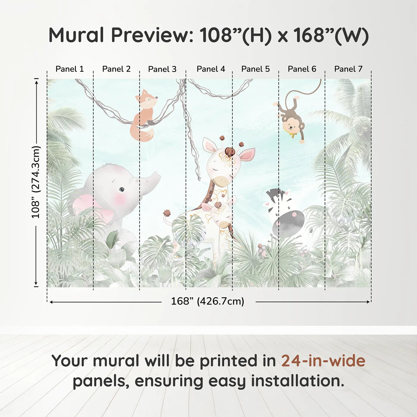 Whimsy Tots Jungle Friends Gathering Wall Muraldimension view (108" H x 168" W). Printed in seven 24-inch-wide panels. Gender-Neutral