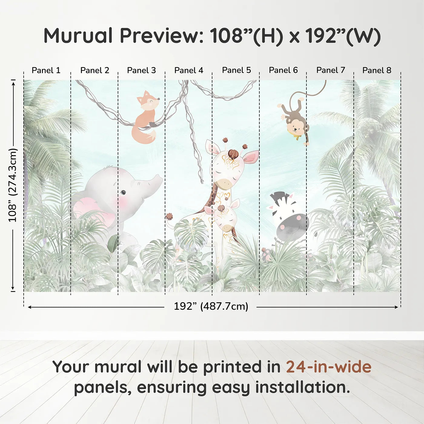 Whimsy Tots Jungle Friends Gathering Wall Muraldimension view (108" H x 192" W). Printed in eight 24-inch-wide panels. Gender-Neutral
