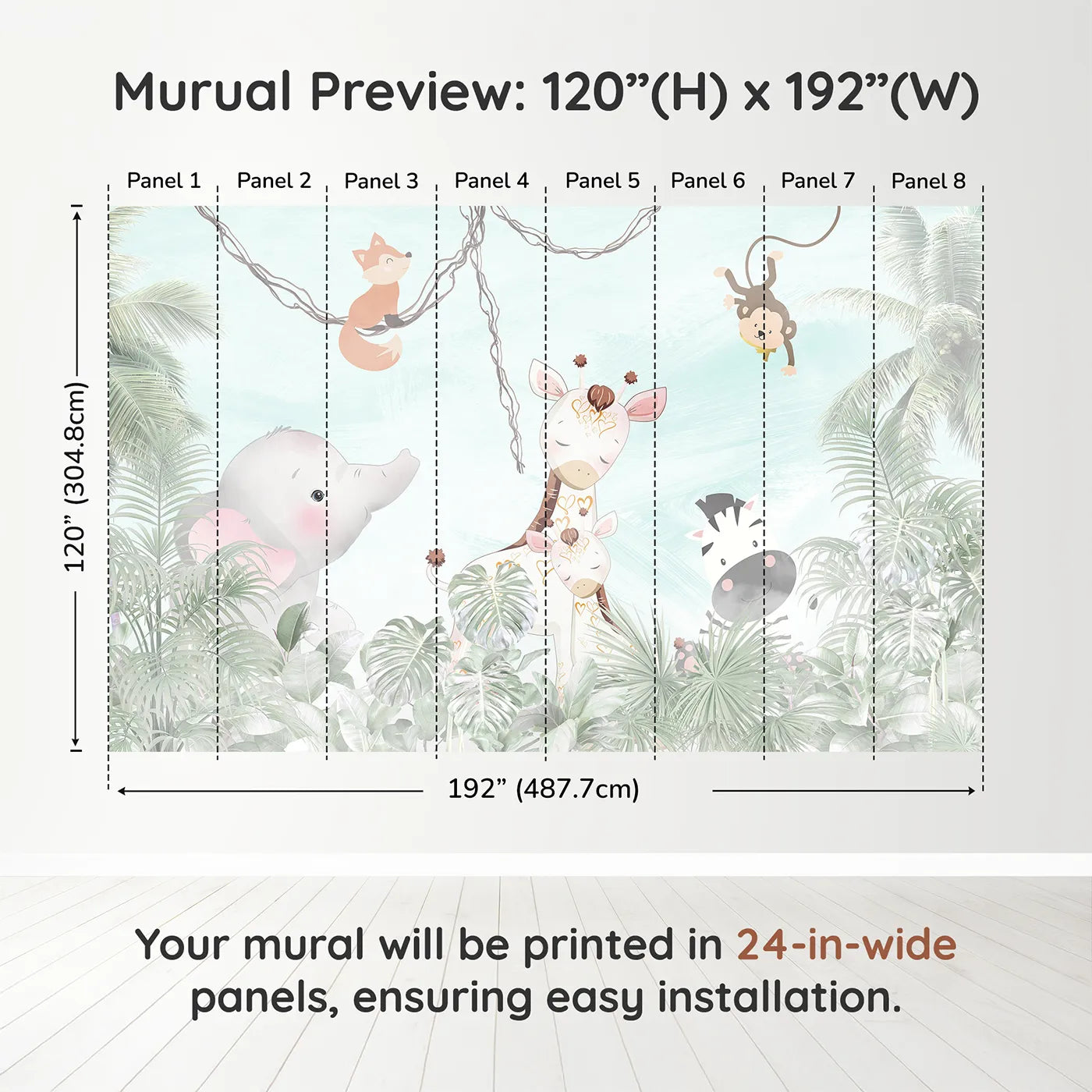 Whimsy Tots Jungle Friends Gathering Wall Muraldimension view (120" H x 192" W). Printed in eight 24-inch-wide panels. Gender-Neutral