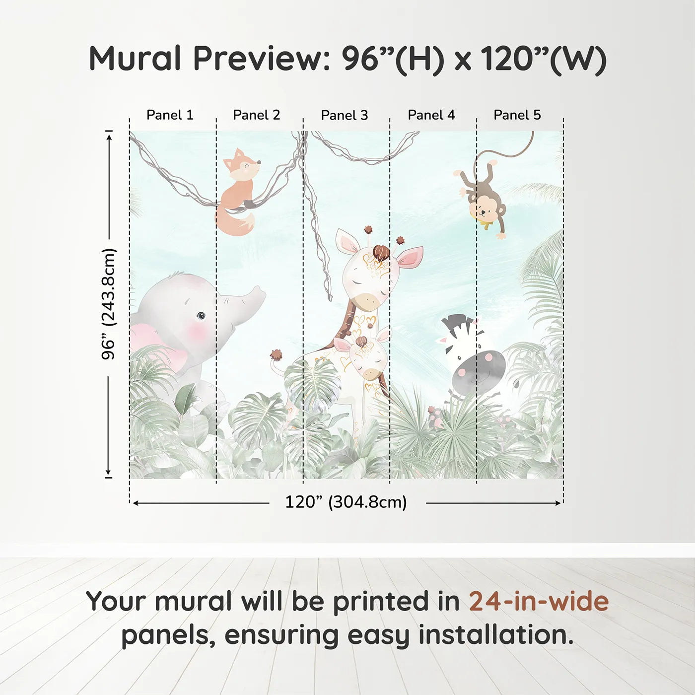 Whimsy Tots Jungle Friends Gathering Wall Muraldimension view (96" H x 120" W). Printed in five 24-inch-wide panels. Gender-Neutral