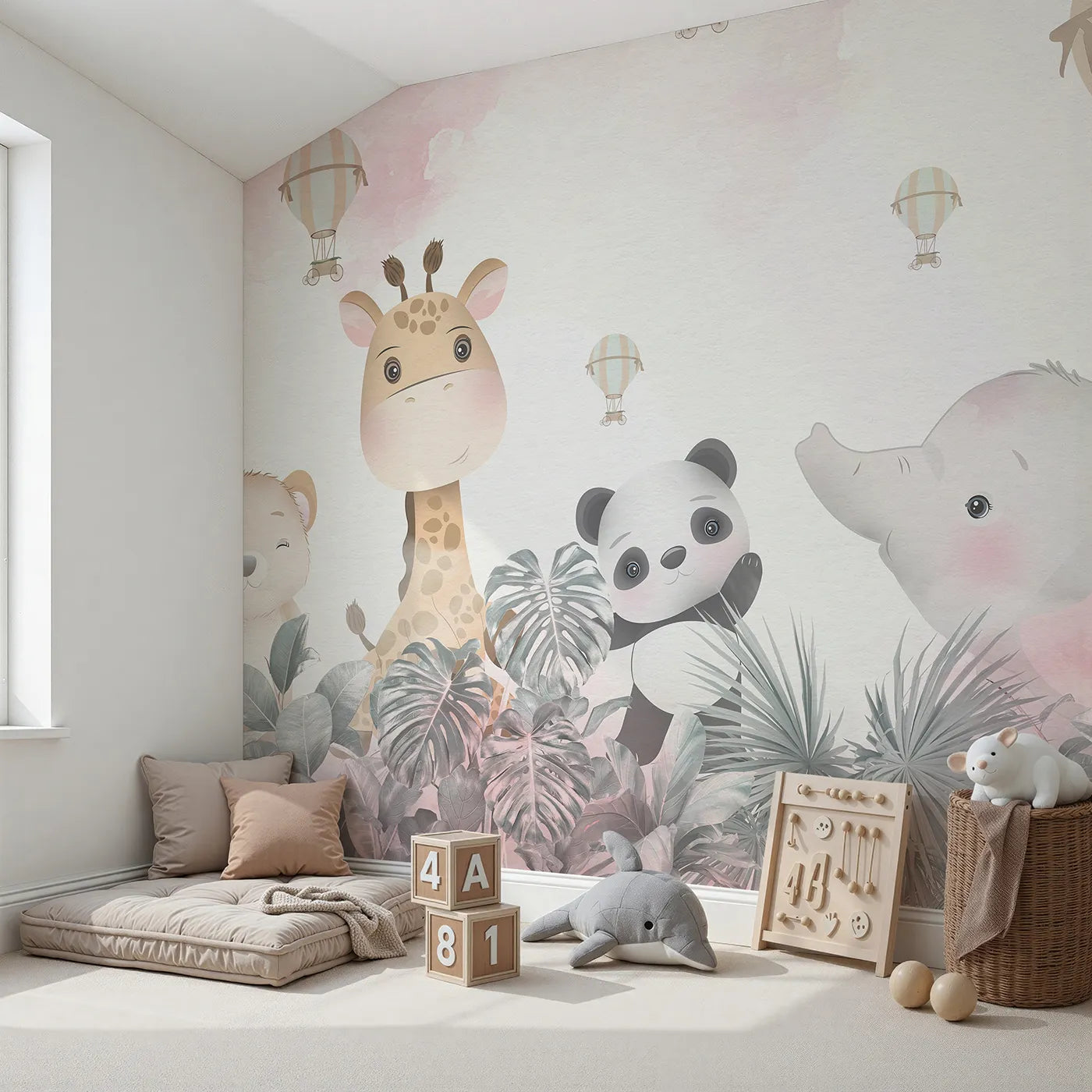 Angled view of Whimsy Tots' Pink Safari Sky Wall Mural (Turn Their Room into a High-Flying Jungle Party).Best for Girls