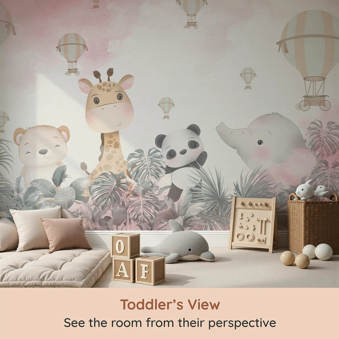 Whimsy Tots Pink Safari Sky Wall Mural (Turn Their Room into a High-Flying Jungle Party) from your child's view.Best for Girls