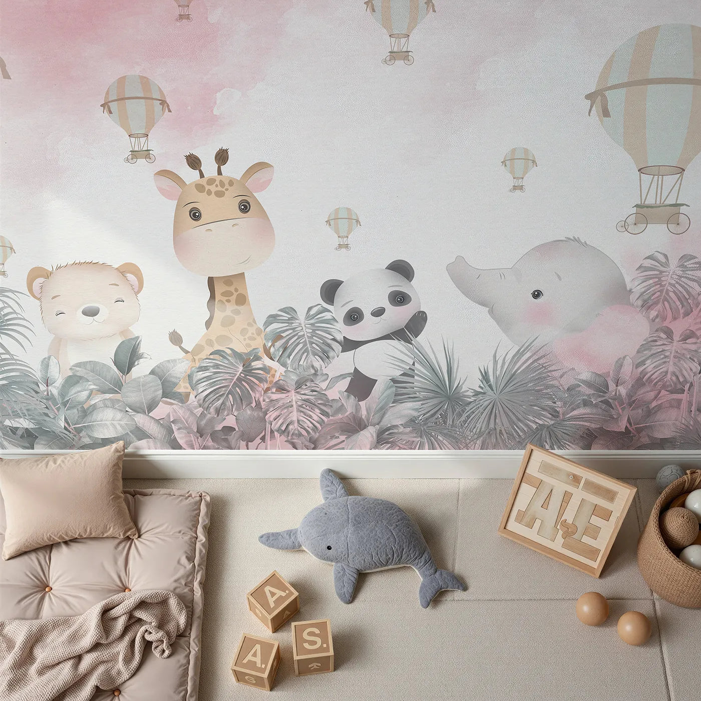 Top-down view of Whimsy Tots' Pink Safari Sky Wall Mural (Turn Their Room into a High-Flying Jungle Party).Best for Girls