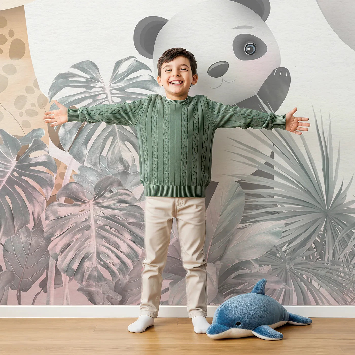Child in front of Whimsy Tots Pink Safari Sky Wall Mural with animal, safari, balloon, cute, jungle, pink, giraffe, elephant in design.