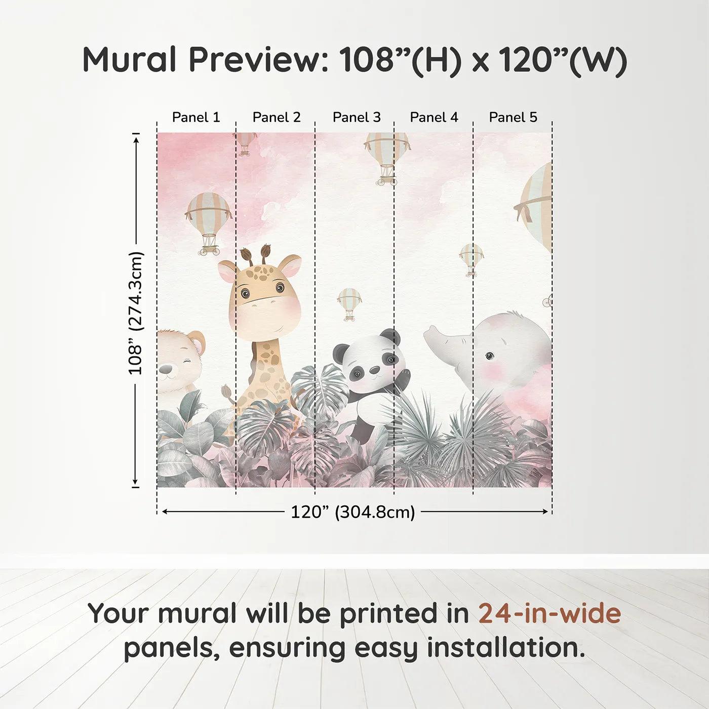 Whimsy Tots Pink Safari Sky Wall Muraldimension view (108" H x 120" W). Printed in five 24-inch-wide panels. Best for Girls