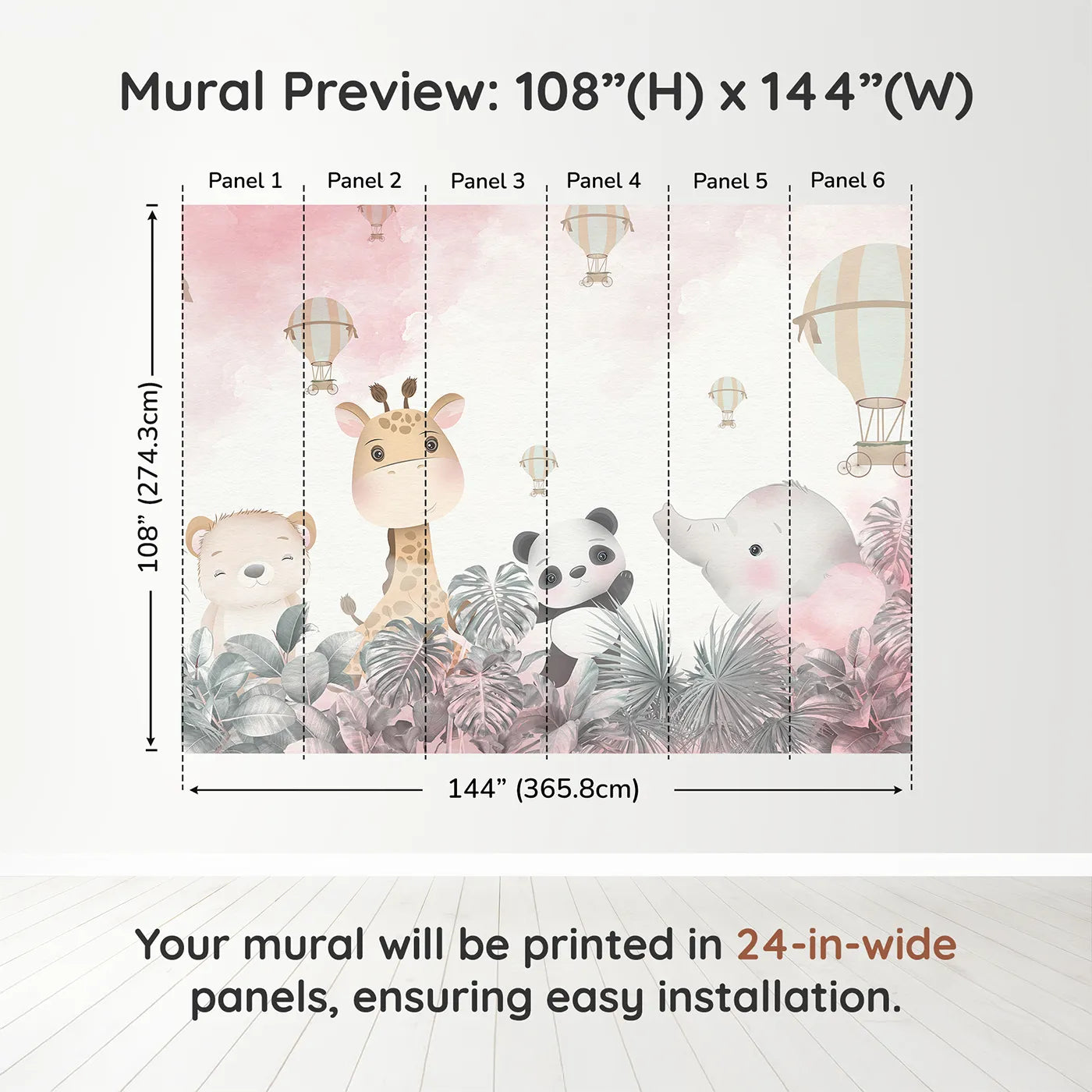 Whimsy Tots Pink Safari Sky Wall Muraldimension view (108" H x 144" W). Printed in six 24-inch-wide panels. Best for Girls