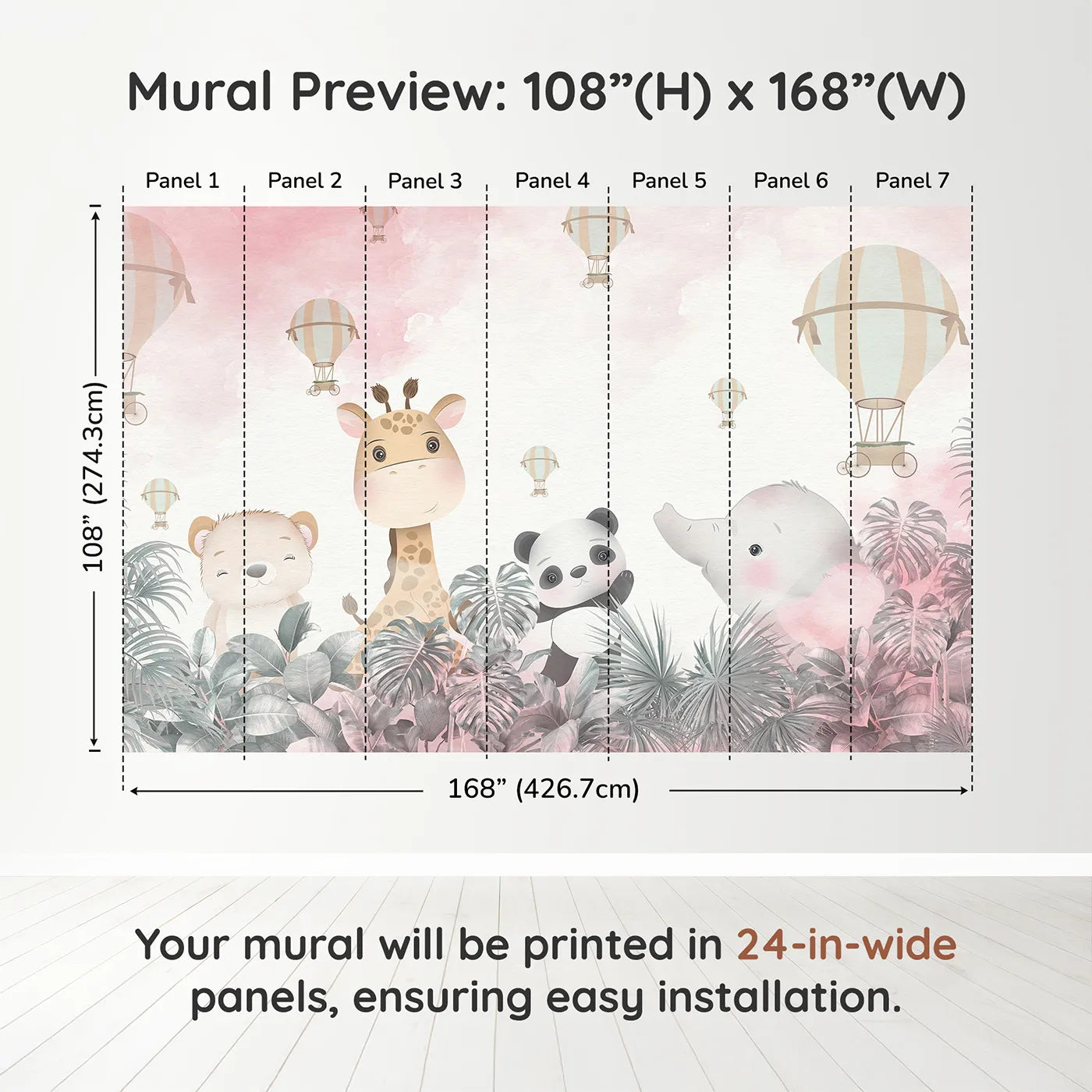 Whimsy Tots Pink Safari Sky Wall Muraldimension view (108" H x 168" W). Printed in seven 24-inch-wide panels. Best for Girls