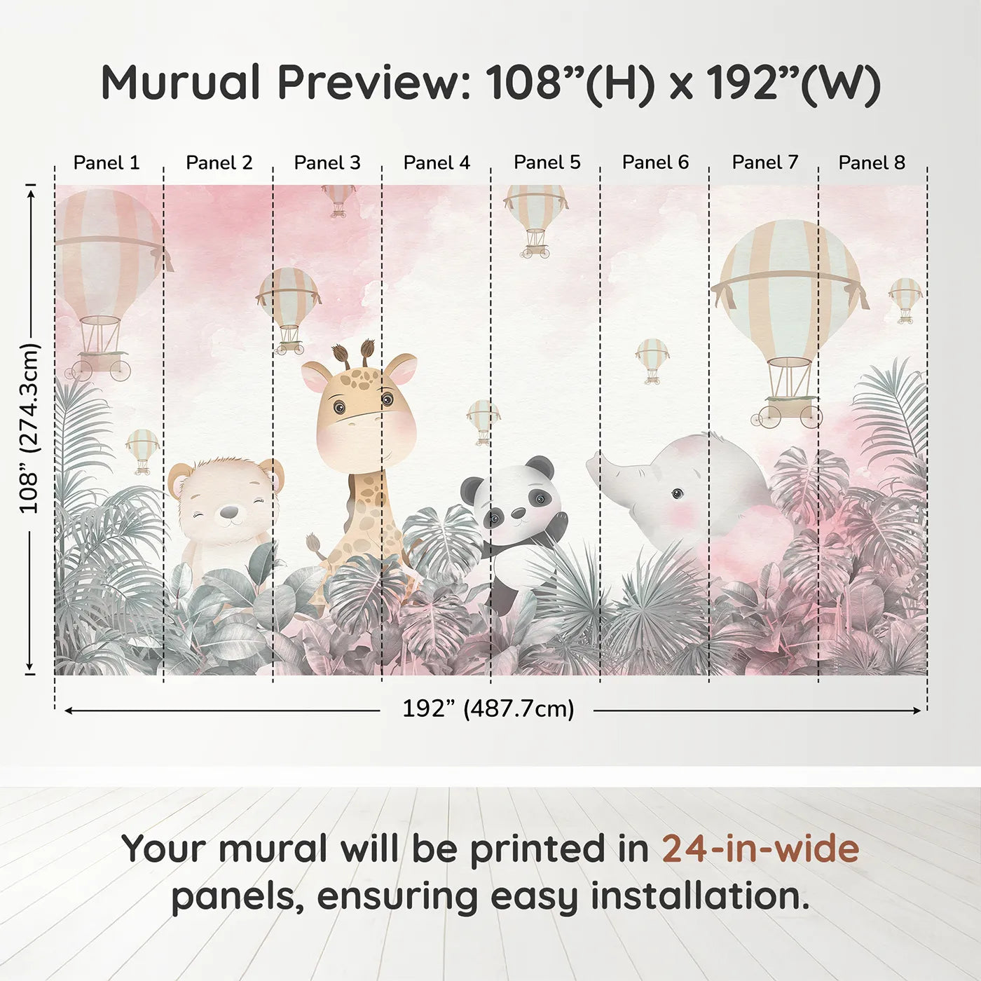 Whimsy Tots Pink Safari Sky Wall Muraldimension view (108" H x 192" W). Printed in eight 24-inch-wide panels. Best for Girls