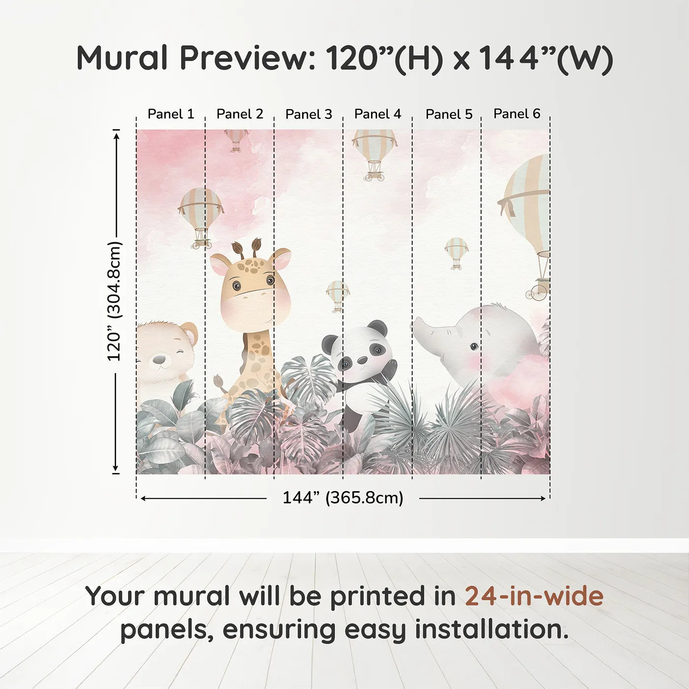 Whimsy Tots Pink Safari Sky Wall Muraldimension view (120" H x 144" W). Printed in six 24-inch-wide panels. Best for Girls
