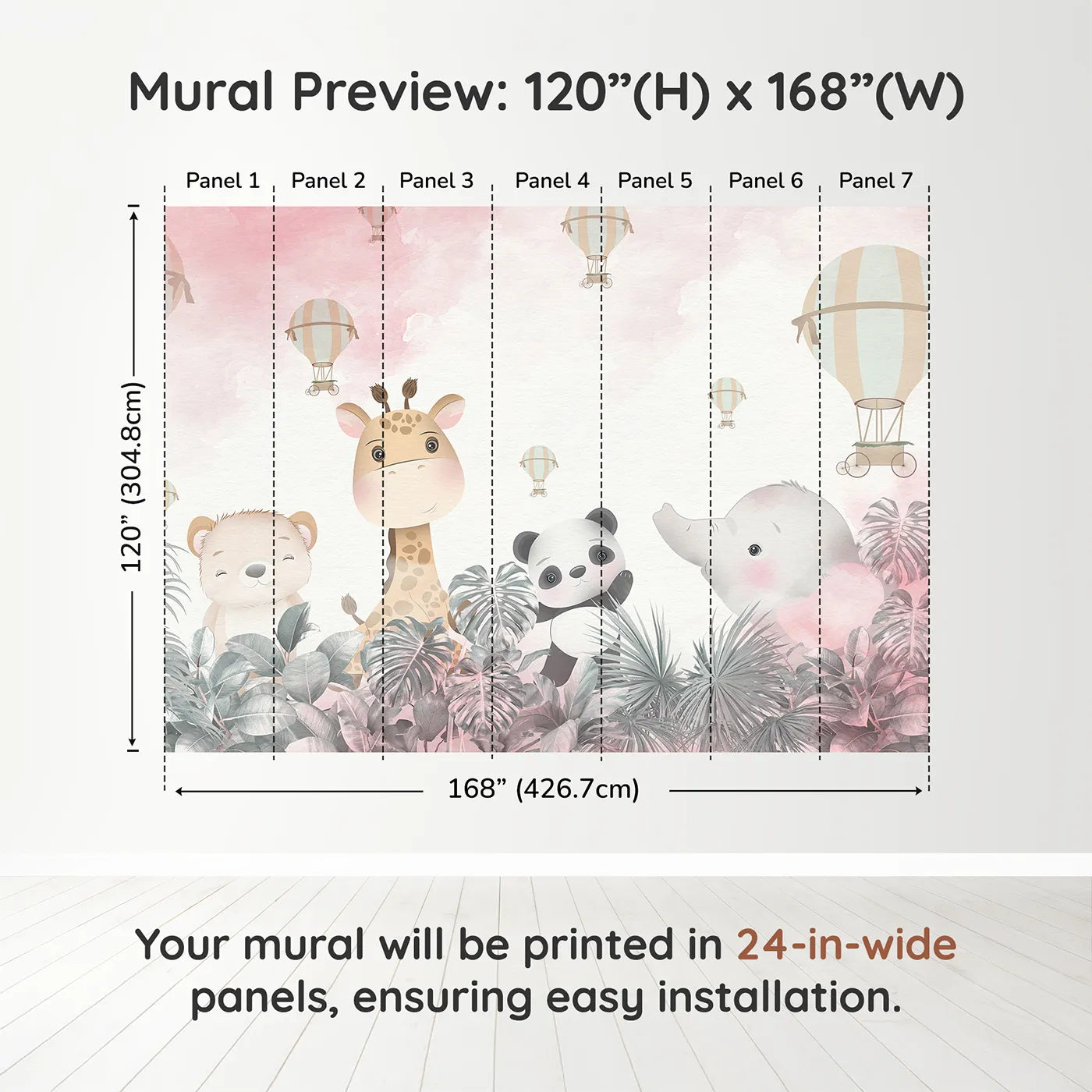Whimsy Tots Pink Safari Sky Wall Muraldimension view (120" H x 168" W). Printed in seven 24-inch-wide panels. Best for Girls