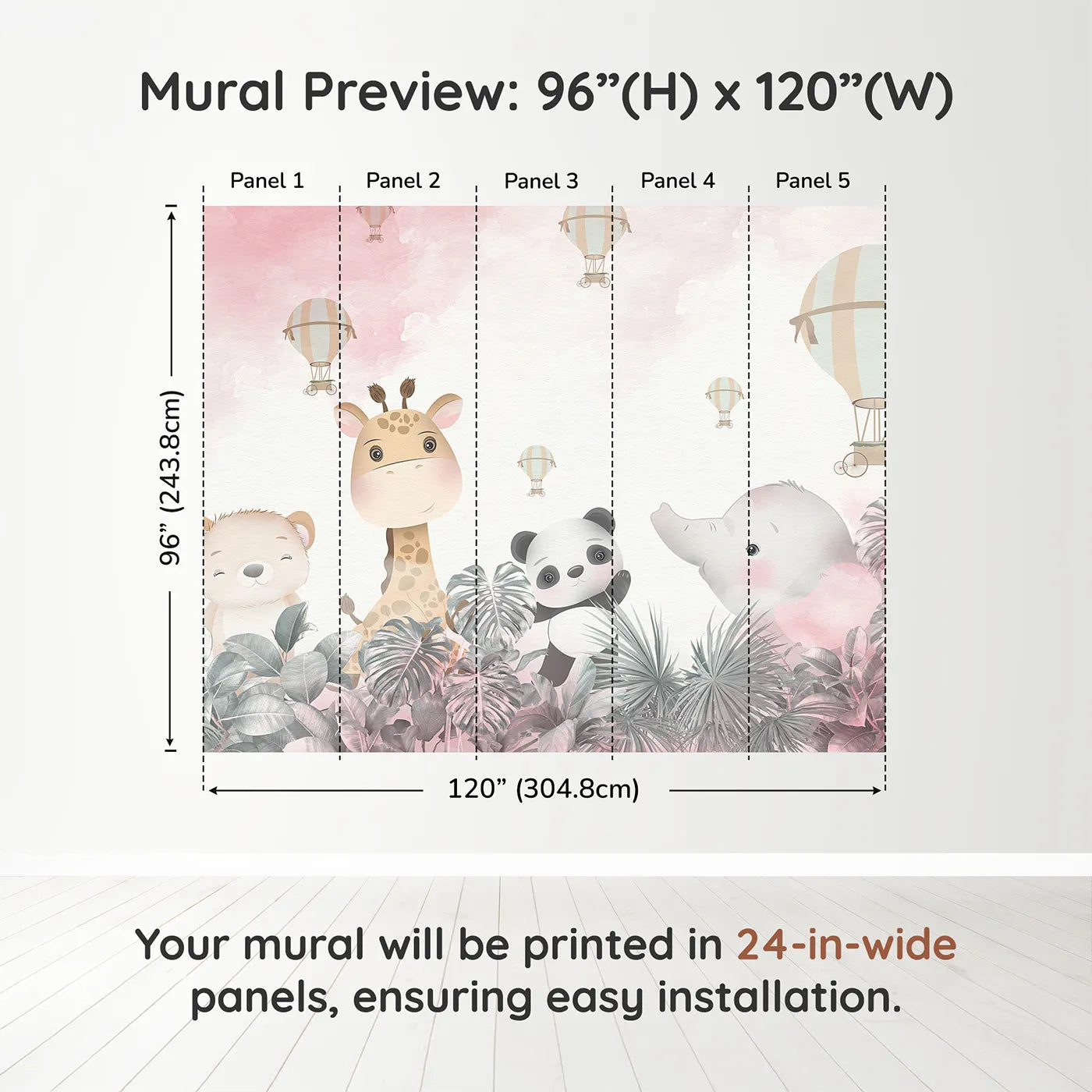 Whimsy Tots Pink Safari Sky Wall Muraldimension view (96" H x 120" W). Printed in five 24-inch-wide panels. Best for Girls