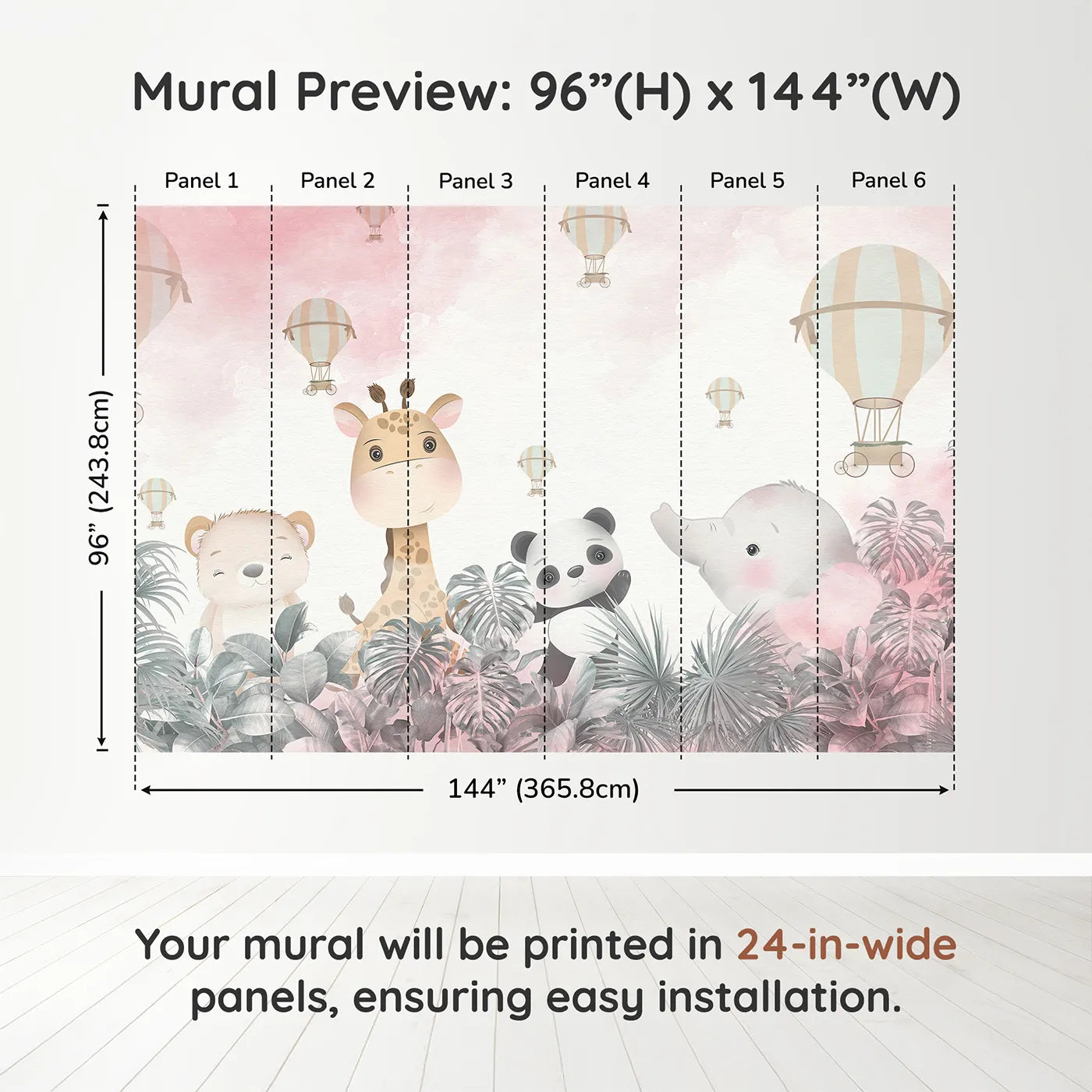 Whimsy Tots Pink Safari Sky Wall Muraldimension view (96" H x 144" W). Printed in six 24-inch-wide panels. Best for Girls