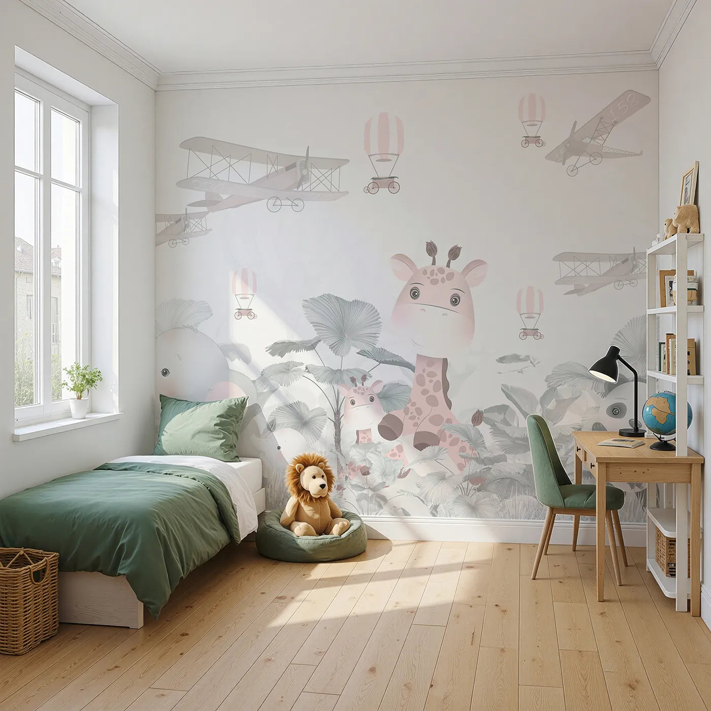 Angled view of Whimsy Tots' Pink Safari Aviators Wall Mural (Turn Their Room into a High-Flying Jungle Adventure).Best for Girls