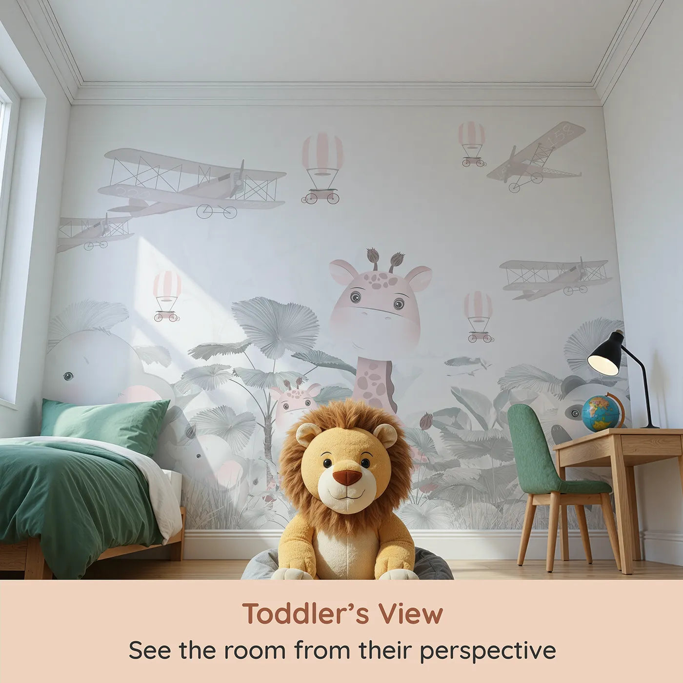 Whimsy Tots Pink Safari Aviators Wall Mural (Turn Their Room into a High-Flying Jungle Adventure) from your child's view.Best for Girls