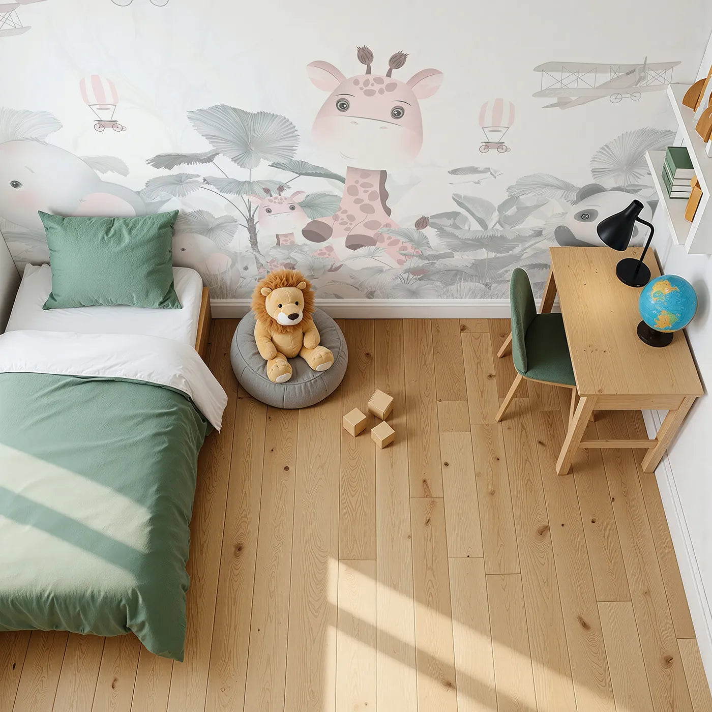 Top-down view of Whimsy Tots' Pink Safari Aviators Wall Mural (Turn Their Room into a High-Flying Jungle Adventure).Best for Girls