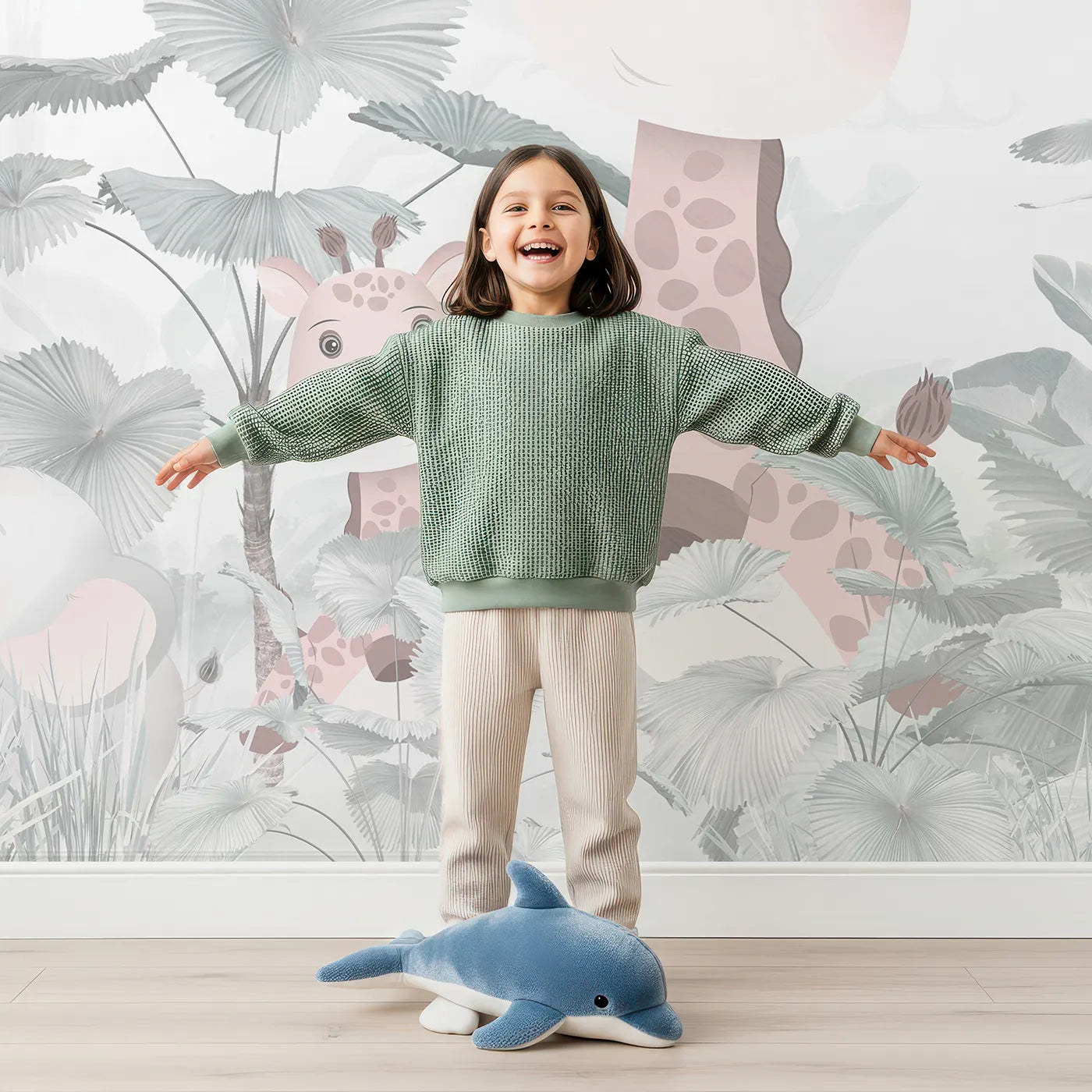 Child in front of Whimsy Tots Pink Safari Aviators Wall Mural with animal, safari, airplane, balloon, vintage, cute, jungle, pink in design.
