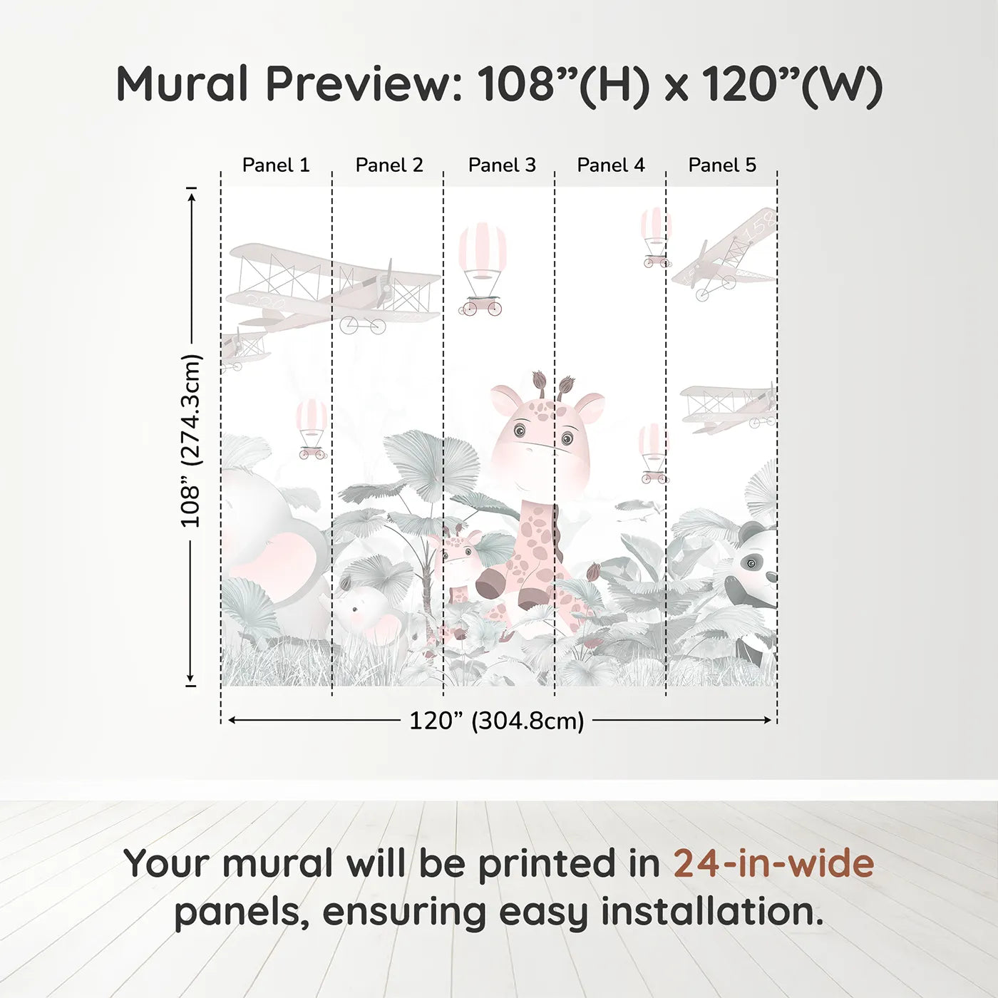 Whimsy Tots Pink Safari Aviators Wall Muraldimension view (108" H x 120" W). Printed in five 24-inch-wide panels. Best for Girls