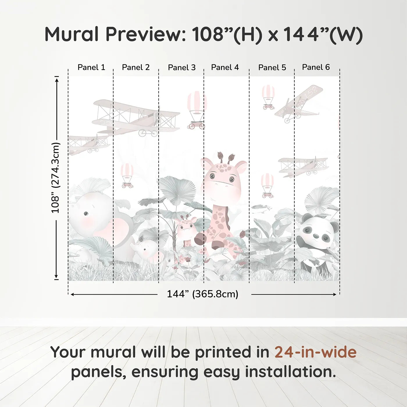 Whimsy Tots Pink Safari Aviators Wall Muraldimension view (108" H x 144" W). Printed in six 24-inch-wide panels. Best for Girls