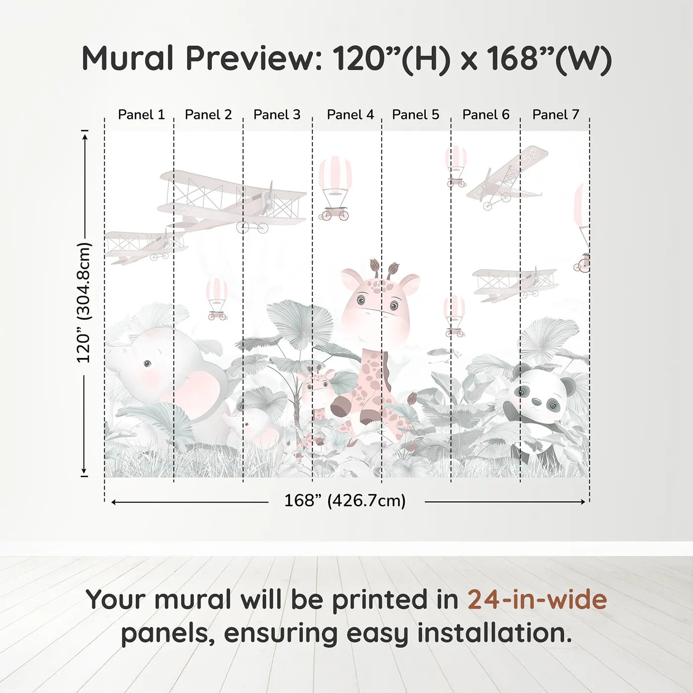 Whimsy Tots Pink Safari Aviators Wall Muraldimension view (120" H x 168" W). Printed in seven 24-inch-wide panels. Best for Girls