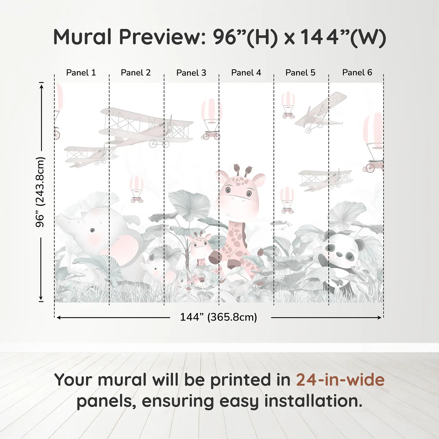 Whimsy Tots Pink Safari Aviators Wall Muraldimension view (96" H x 144" W). Printed in six 24-inch-wide panels. Best for Girls