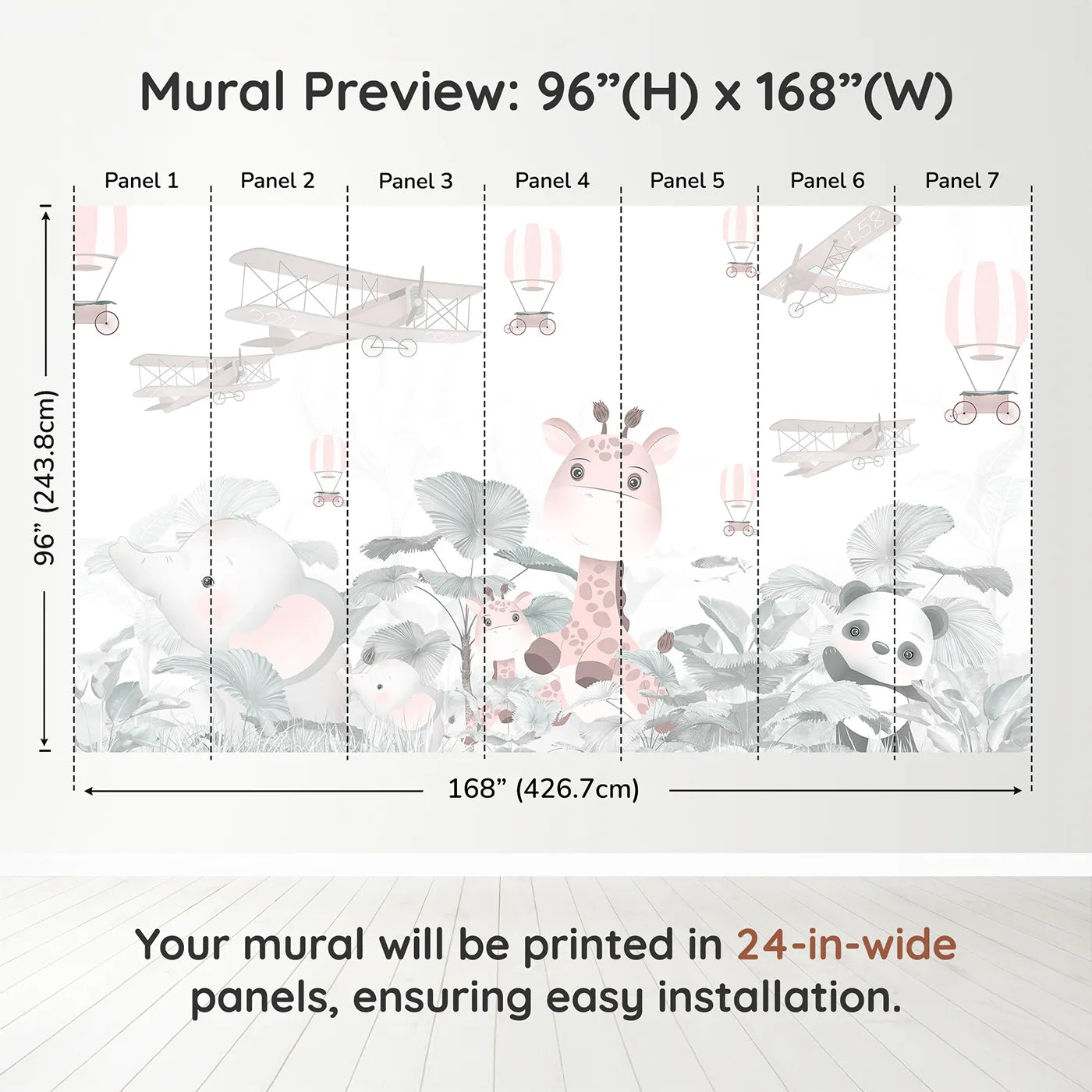 Whimsy Tots Pink Safari Aviators Wall Muraldimension view (96" H x 168" W). Printed in seven 24-inch-wide panels. Best for Girls