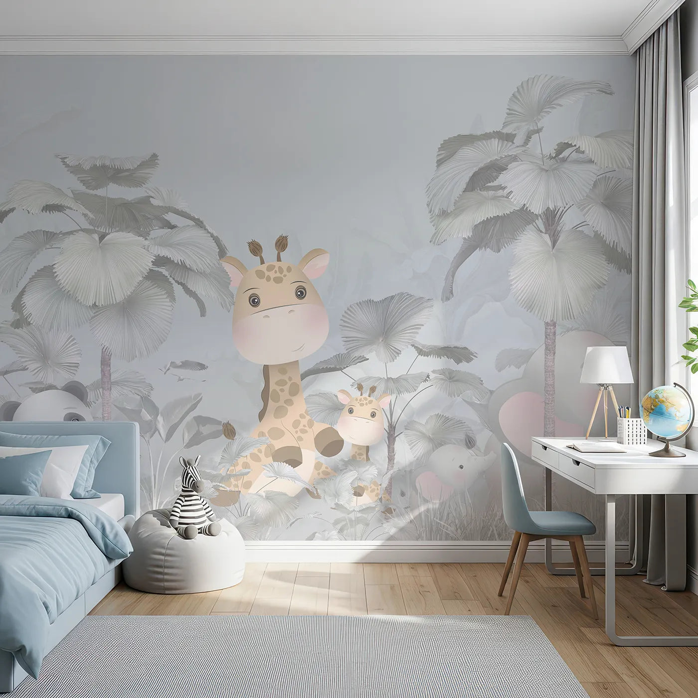 Front view of Whimsy Tots' Gray Safari Friends Wall Mural