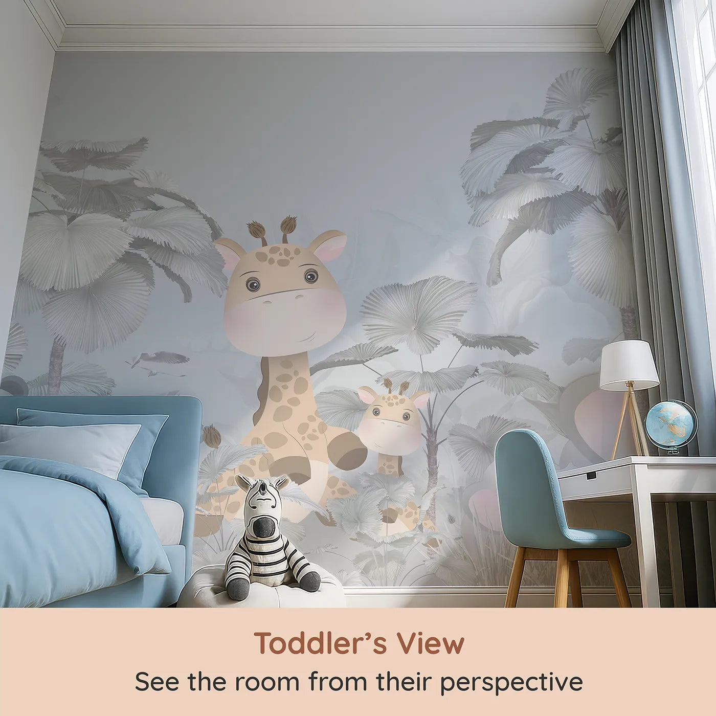 Whimsy Tots Gray Safari Friends Wall Mural (Turn Their Room into a Chic and Gentle Jungle Scene) from your child's view.Gender-Neutral