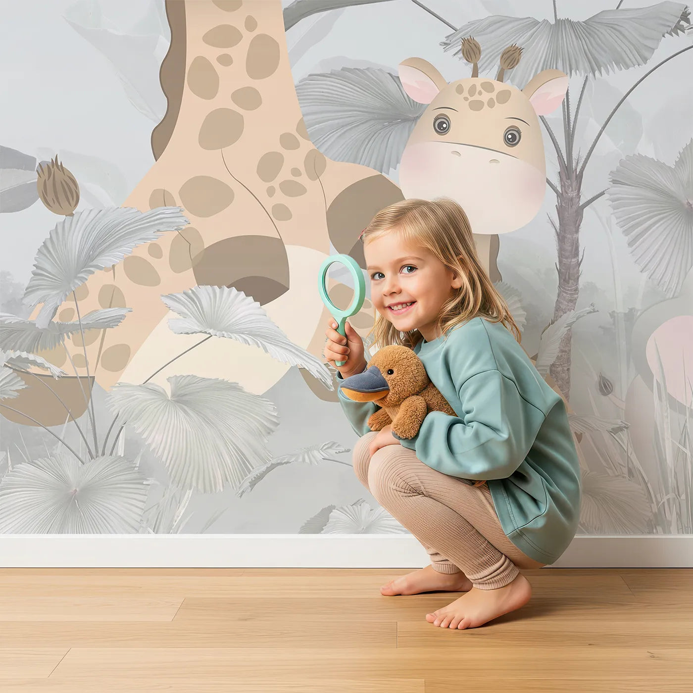 Child in front of Whimsy Tots Gray Safari Friends Wall Mural with safari, jungle, animal, cute, gray, palm tree, modern, monochrome in design.