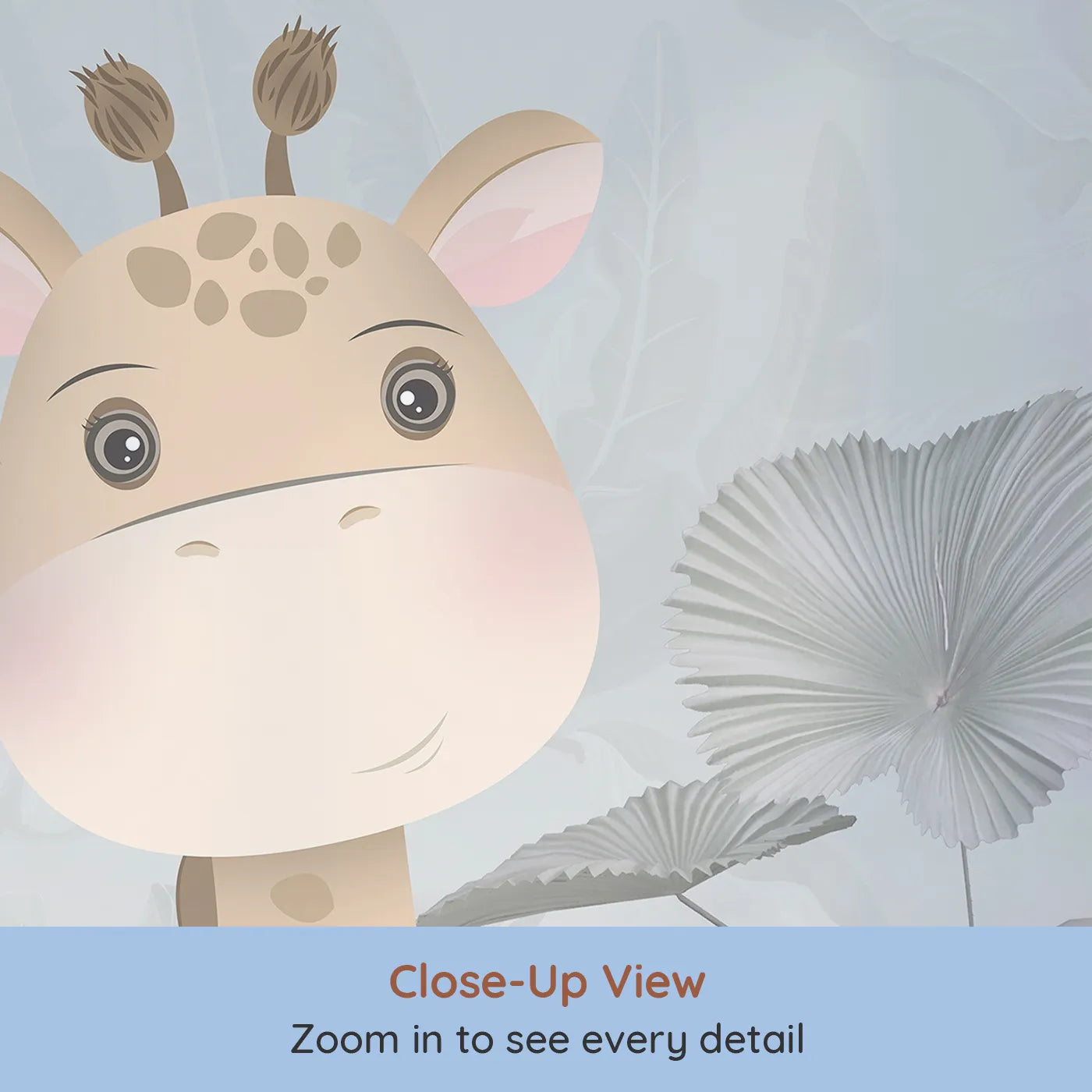 Close-up view of Whimsy Tots' Gray Safari Friends Wall Mural (Turn Their Room into a Chic and Gentle Jungle Scene).Gender-Neutral