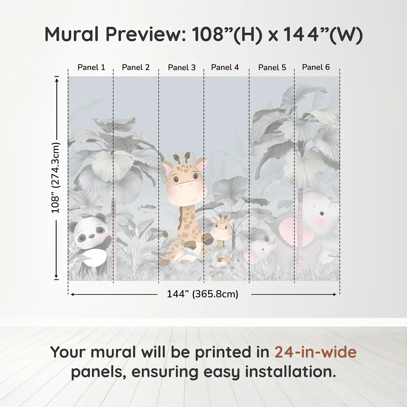 Whimsy Tots Gray Safari Friends Wall Muraldimension view (108" H x 144" W). Printed in six 24-inch-wide panels. Gender-Neutral