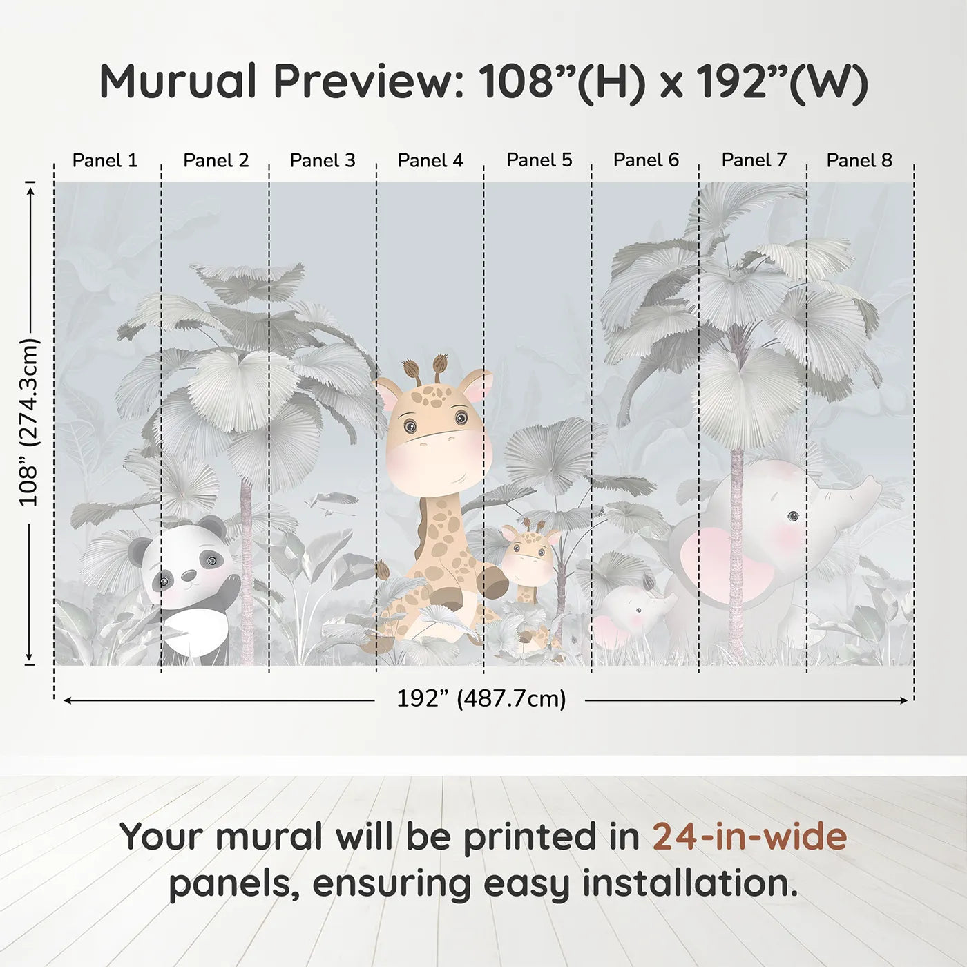Whimsy Tots Gray Safari Friends Wall Muraldimension view (108" H x 192" W). Printed in eight 24-inch-wide panels. Gender-Neutral