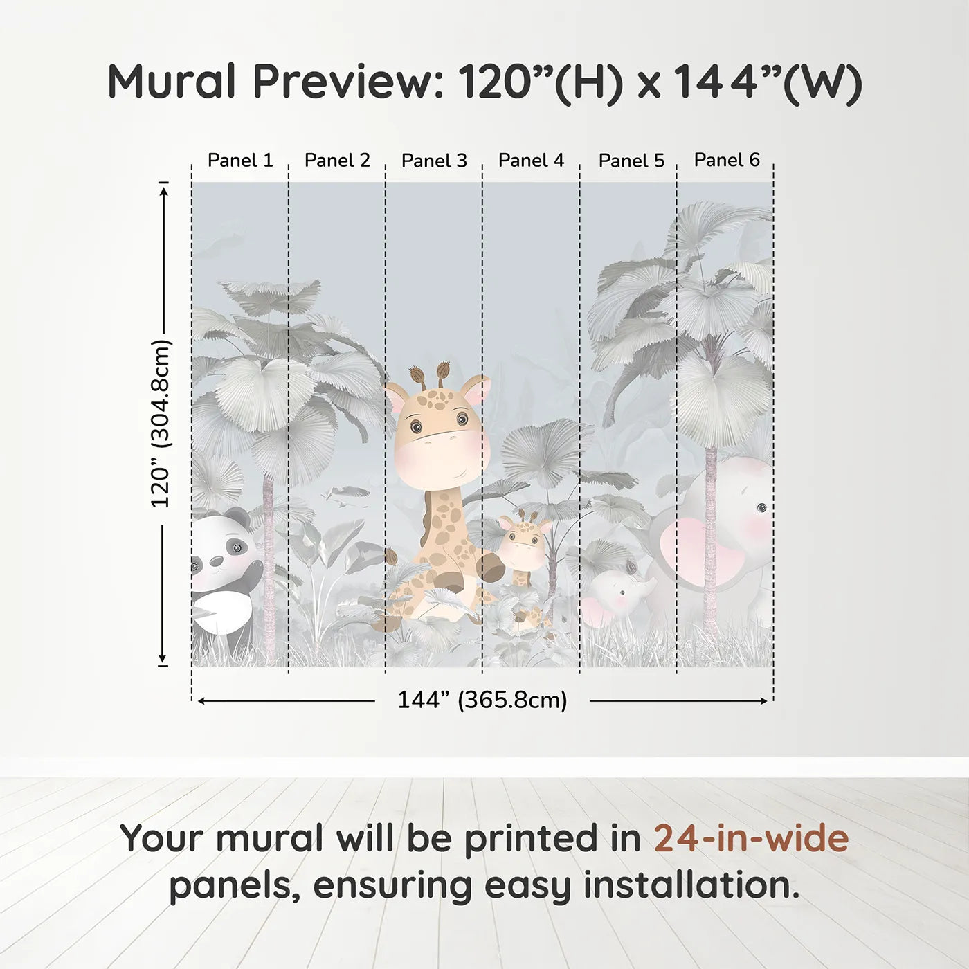 Whimsy Tots Gray Safari Friends Wall Muraldimension view (120" H x 144" W). Printed in six 24-inch-wide panels. Gender-Neutral