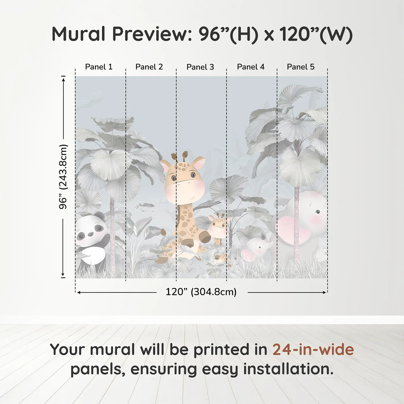 Whimsy Tots Gray Safari Friends Wall Muraldimension view (96" H x 120" W). Printed in five 24-inch-wide panels. Gender-Neutral
