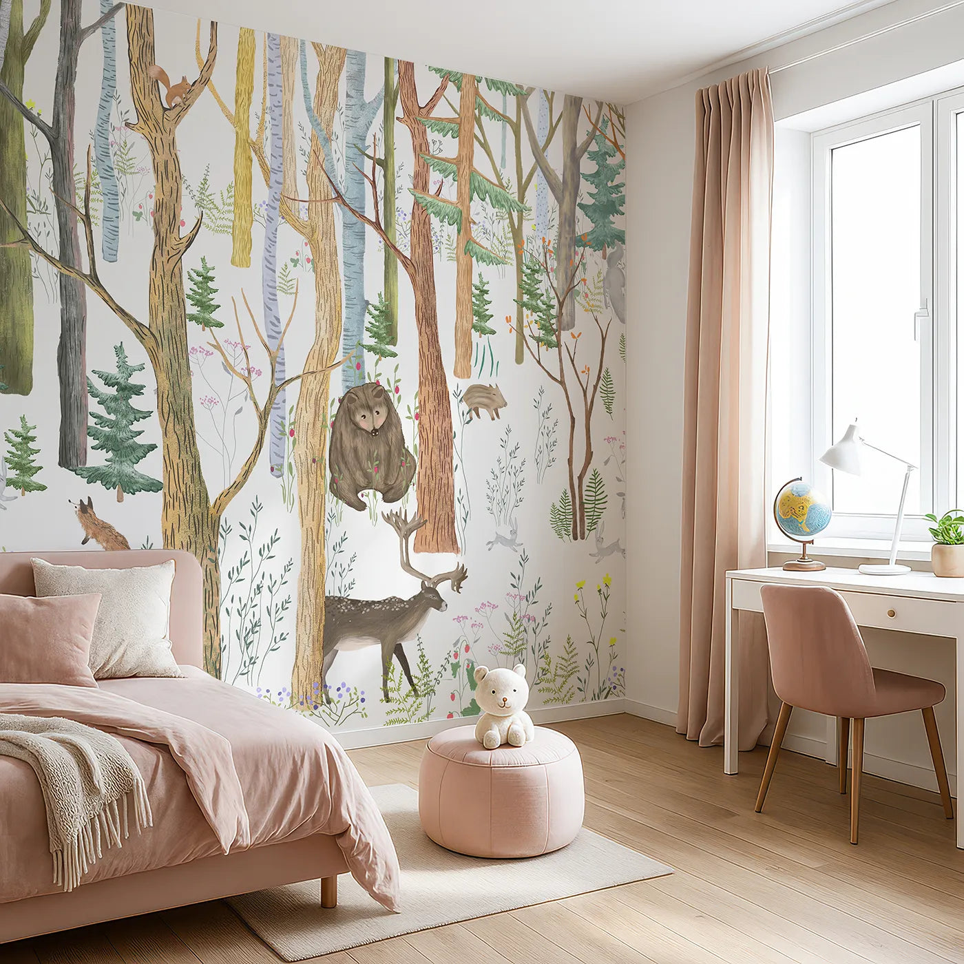 Angled view of Whimsy Tots' Detailed Woodland Forest Wall Mural (Turn Their Room into a Lively, Hand-Drawn Woodland).Gender-Neutral
