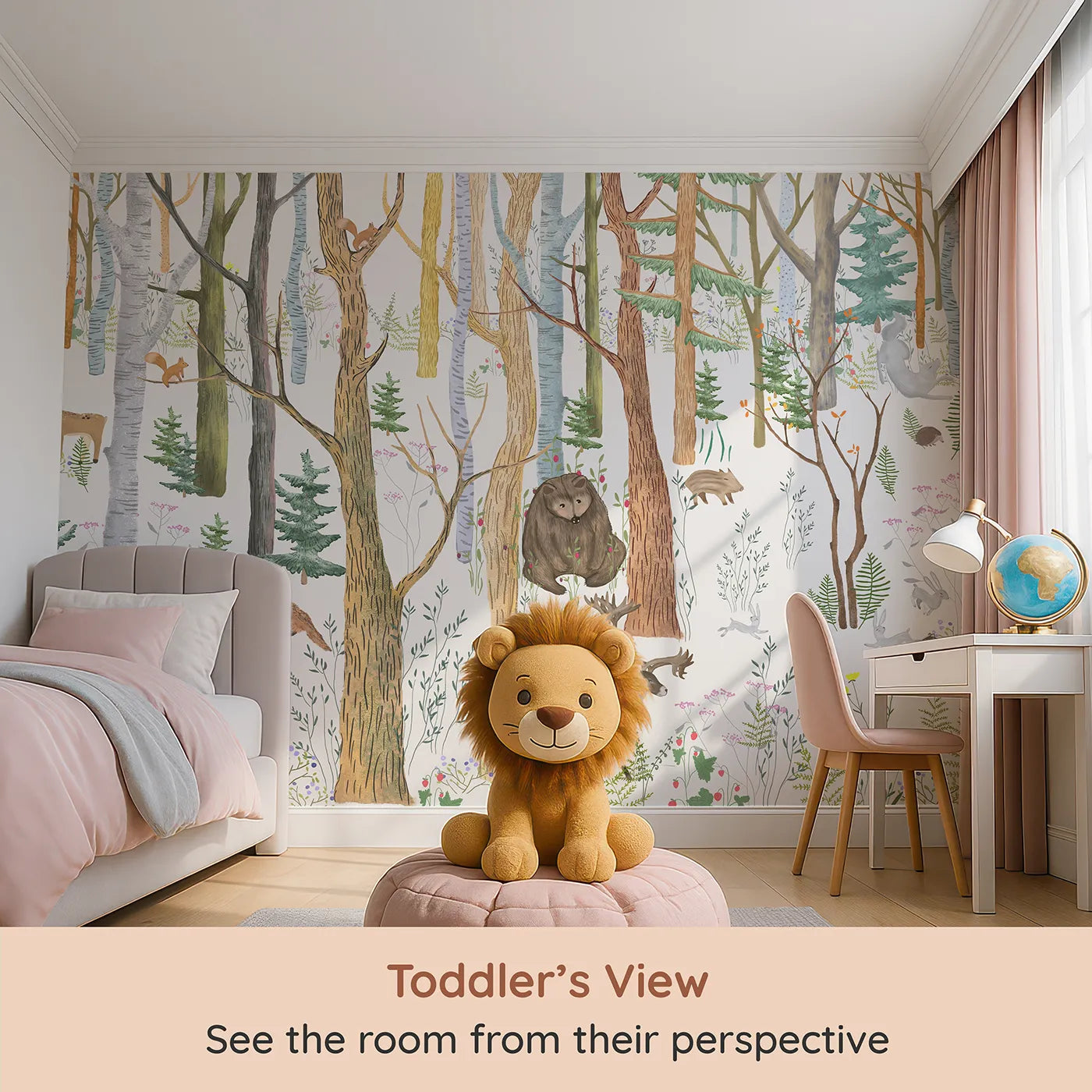 Whimsy Tots Detailed Woodland Forest Wall Mural (Turn Their Room into a Lively, Hand-Drawn Woodland) from your child's view.Gender-Neutral