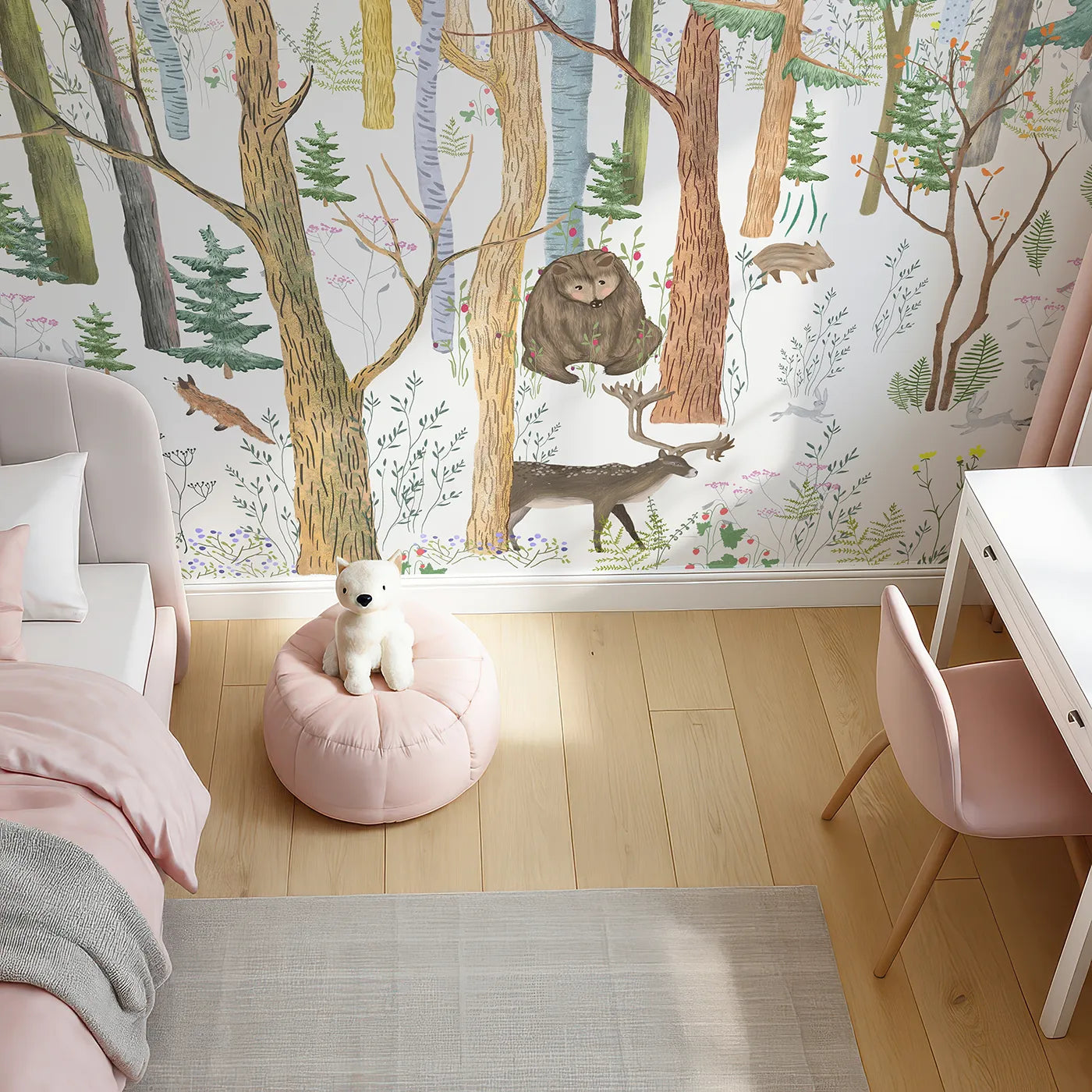 Top-down view of Whimsy Tots' Detailed Woodland Forest Wall Mural (Turn Their Room into a Lively, Hand-Drawn Woodland).Gender-Neutral