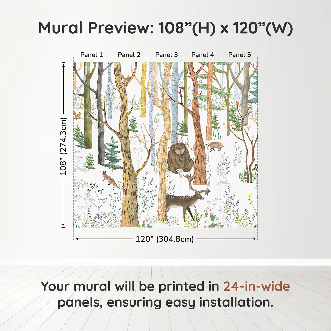 Whimsy Tots Detailed Woodland Forest Wall Muraldimension view (108" H x 120" W). Printed in five 24-inch-wide panels. Gender-Neutral